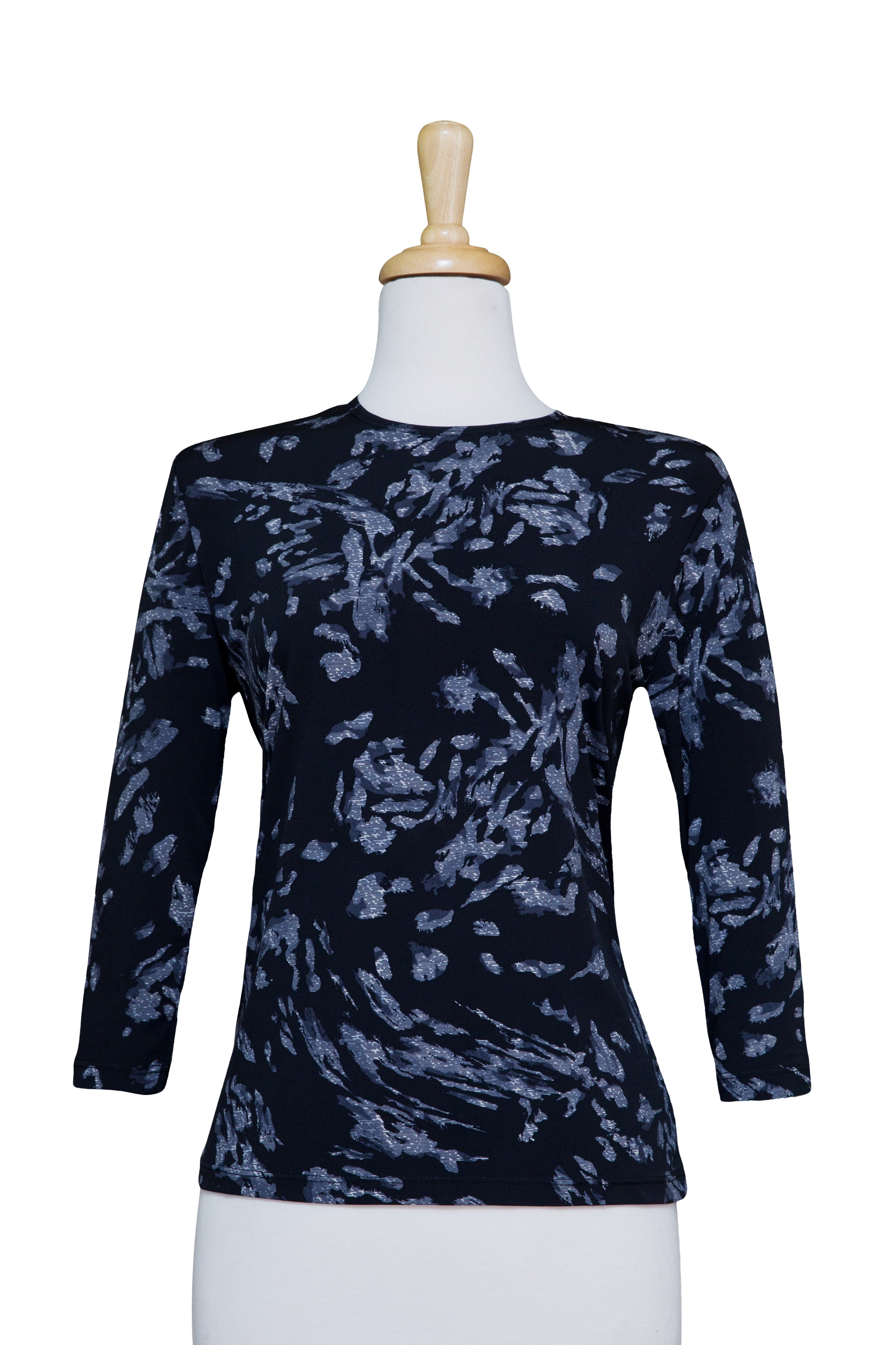 Plus Size Black and Grey Abstract Microfiber 3/4 Sleeve Top 