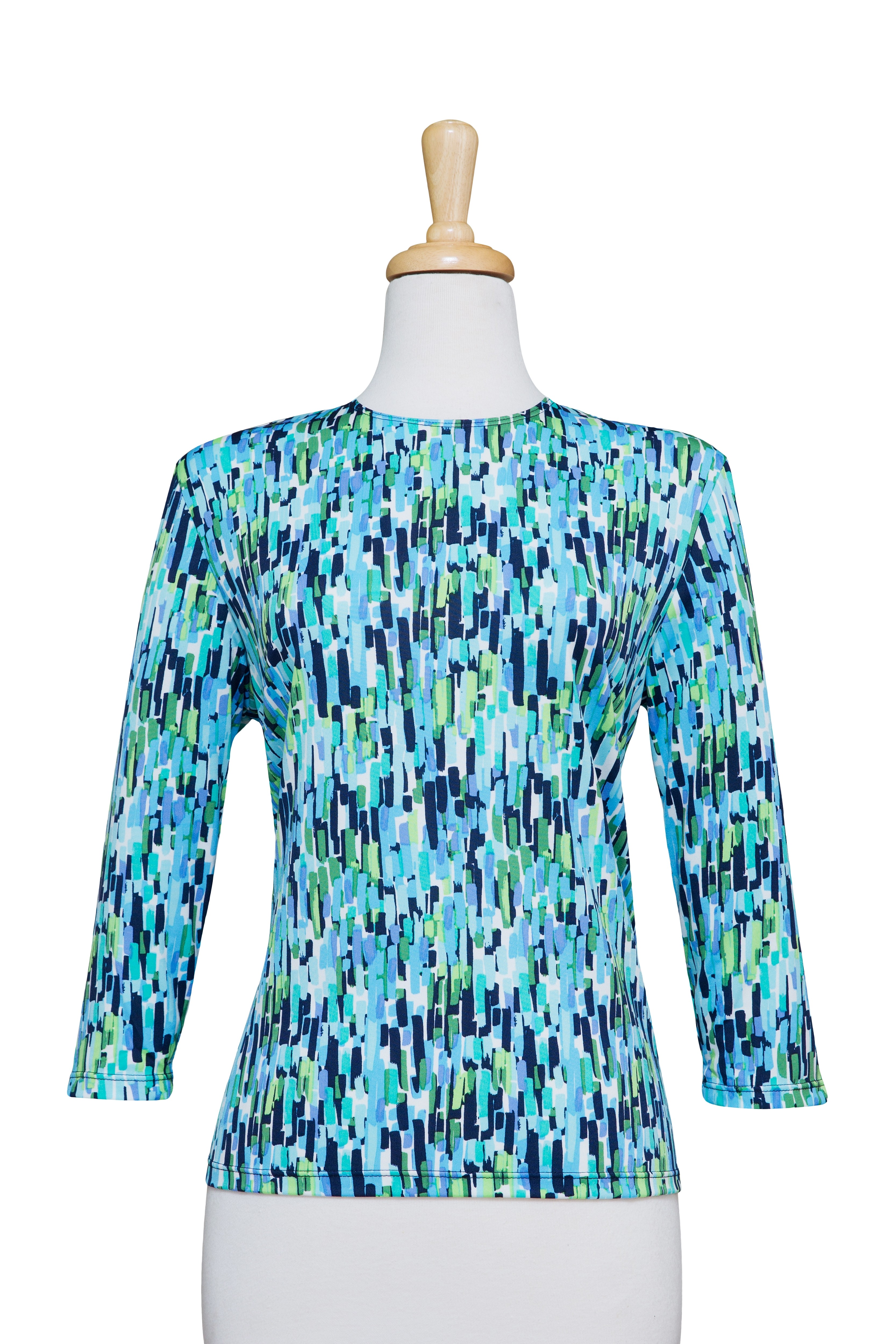 Blue, Green, Black and White Matchsticks Microfiber 3/4 Sleeve Top 