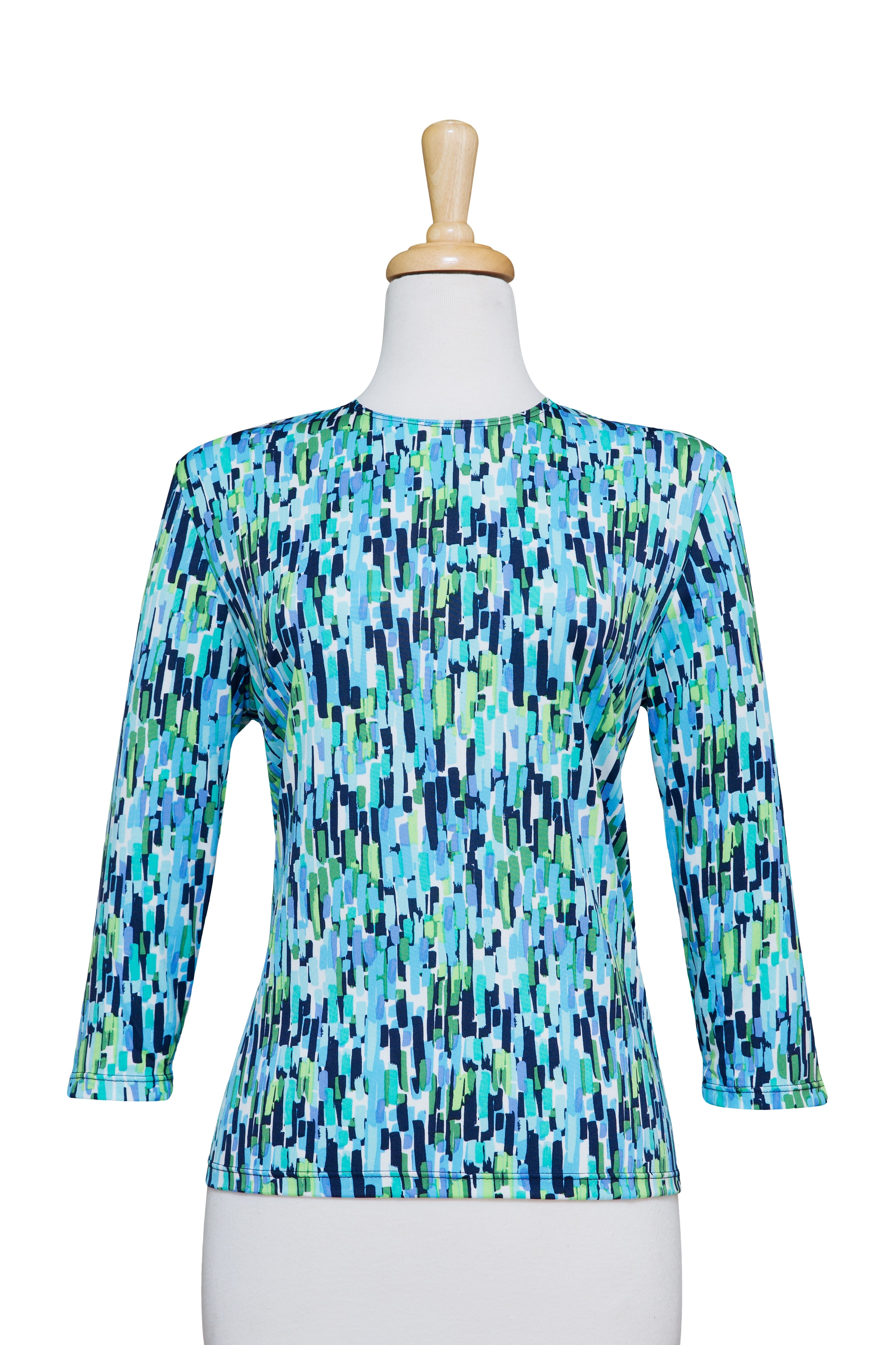 Plus Size Blue, Green, Black and White Matchsticks Microfiber 3/4 Sleeve Top 