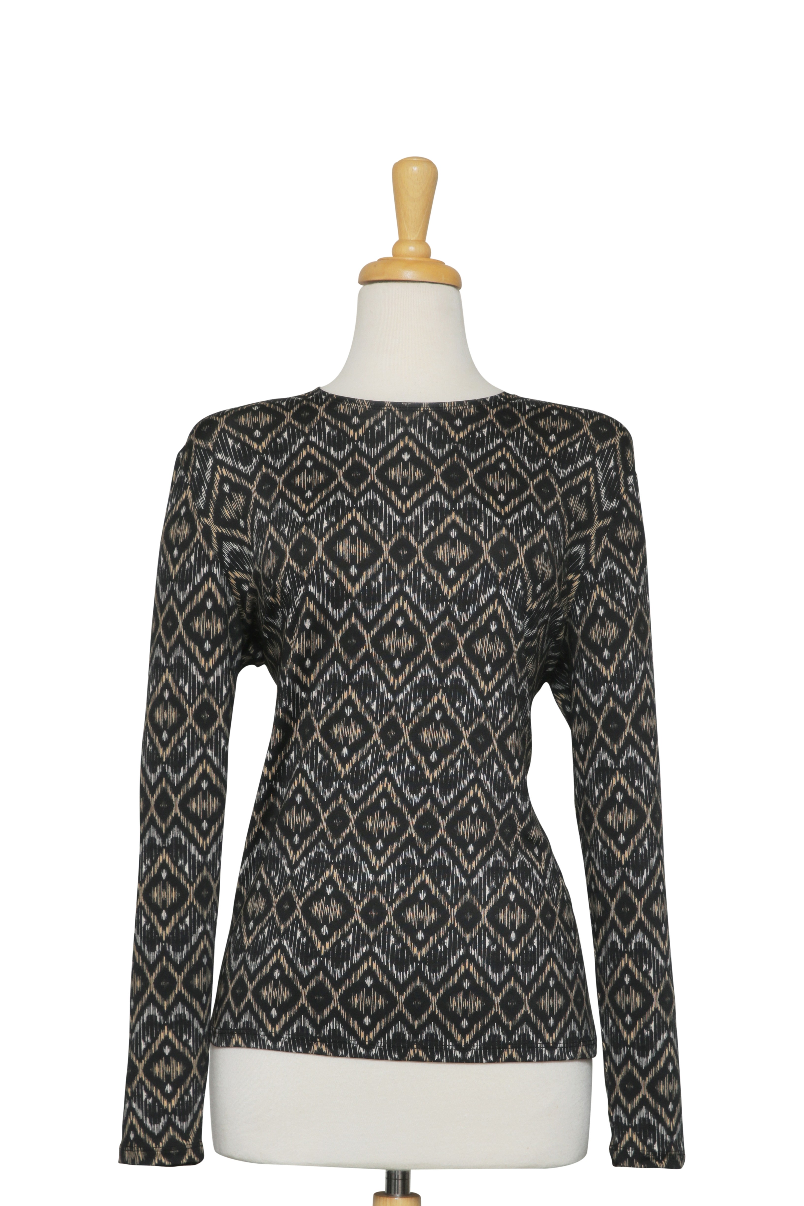 Plus Size Black, Tan and Ivory Diamond Zig Zag Long Sleeve Microfiber Top 