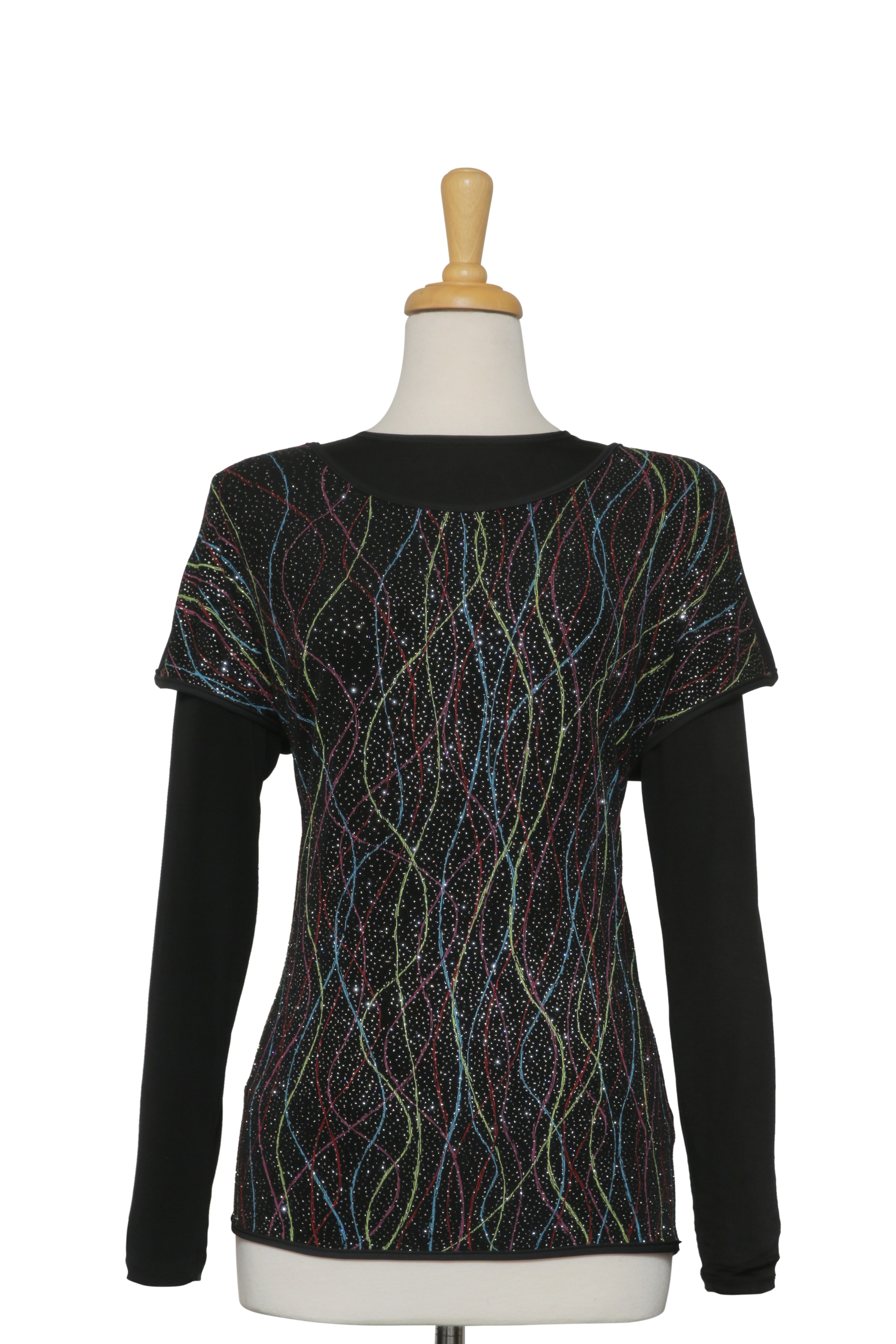 Plus Size Black Multi Color Kaleidoscope Metallic Short Sleeve, Solid Black Back, With Black Long Sleeve Microfiber Top