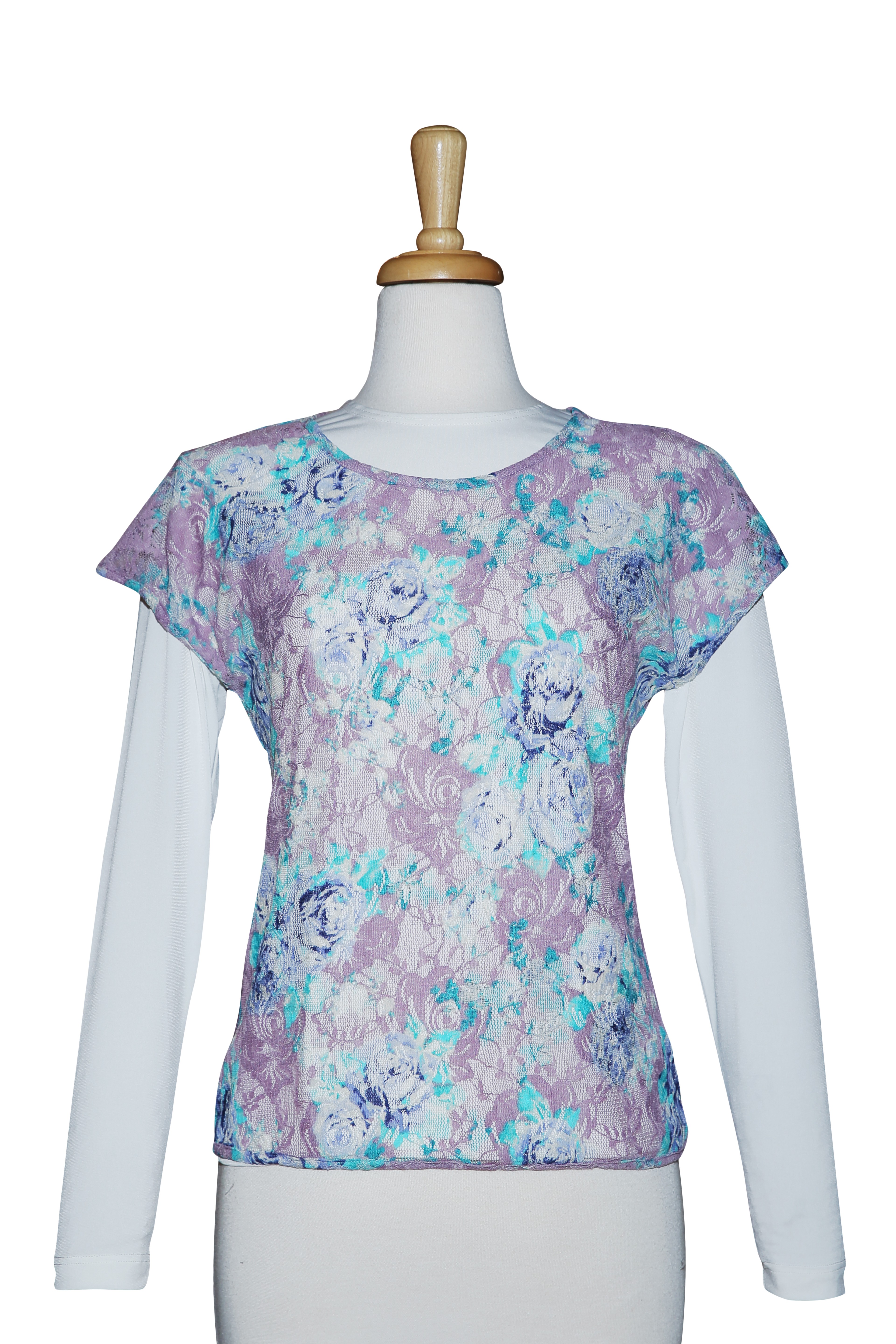 Mauve And Light Blue Lace Short Sleeve With Ivory Long Sleeve Top