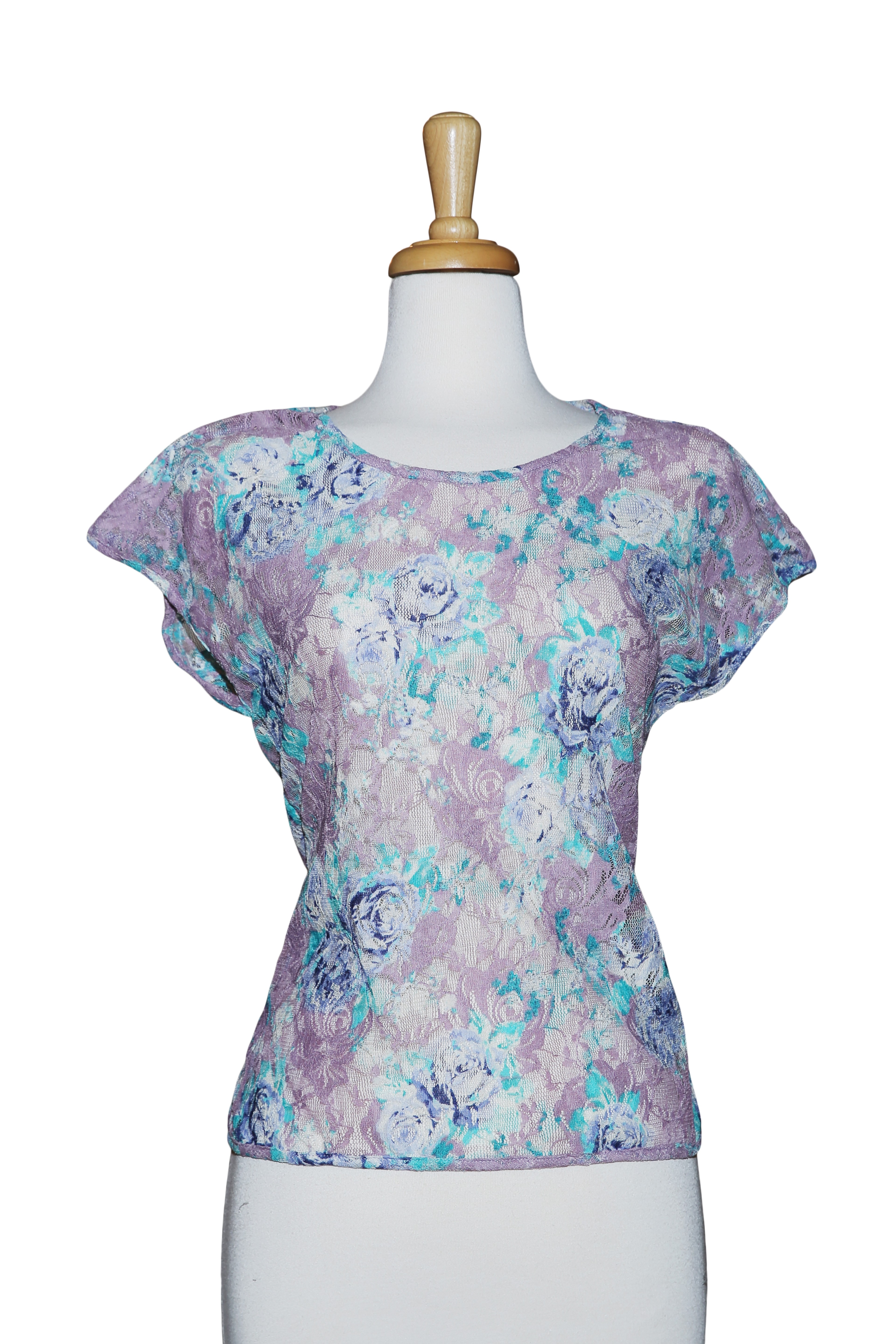 Mauve And Light Blue Lace Short Sleeve Top