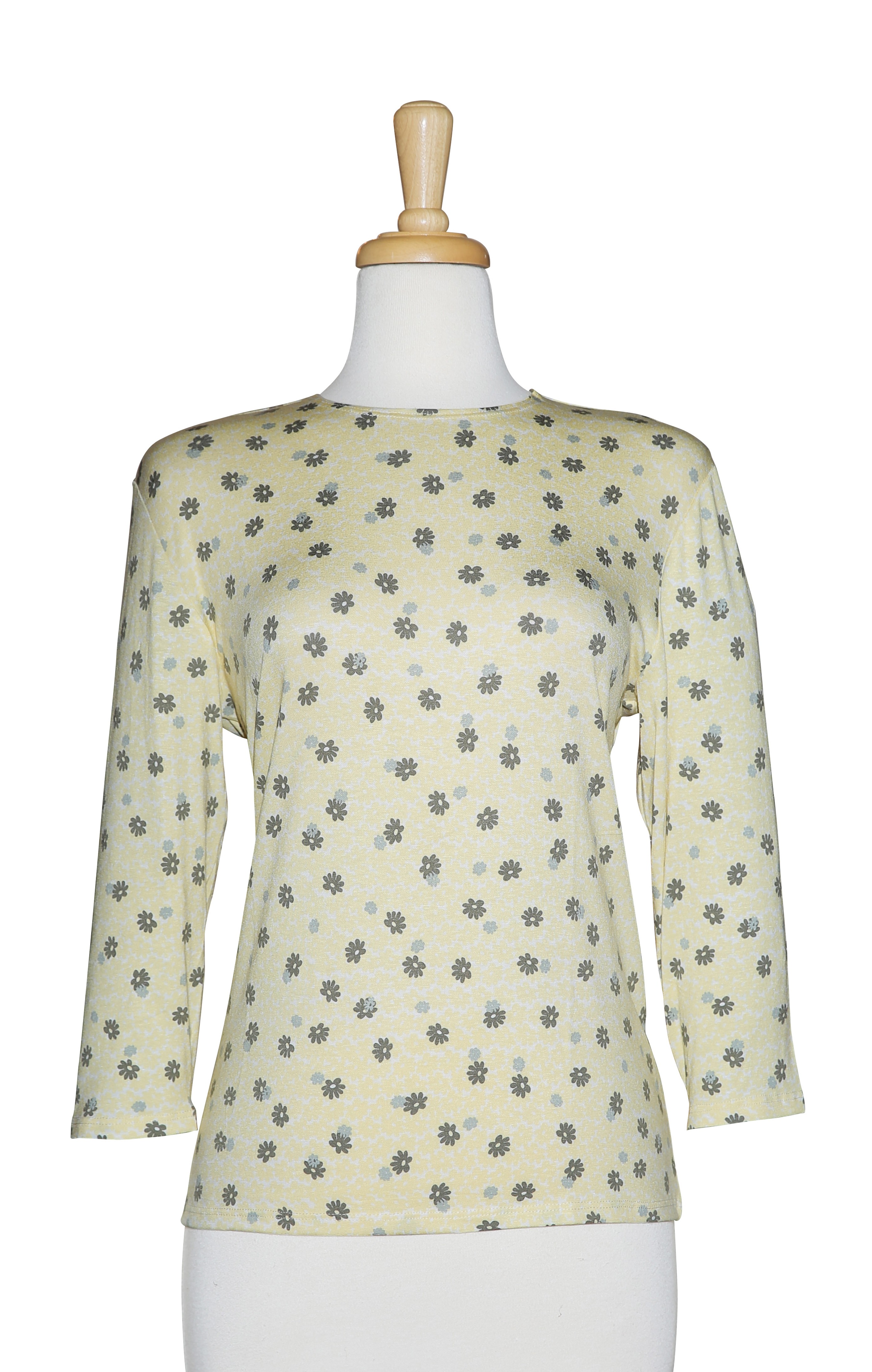 Pale Yellow and Grey Floral 3/4 Sleeve Cotton Top 