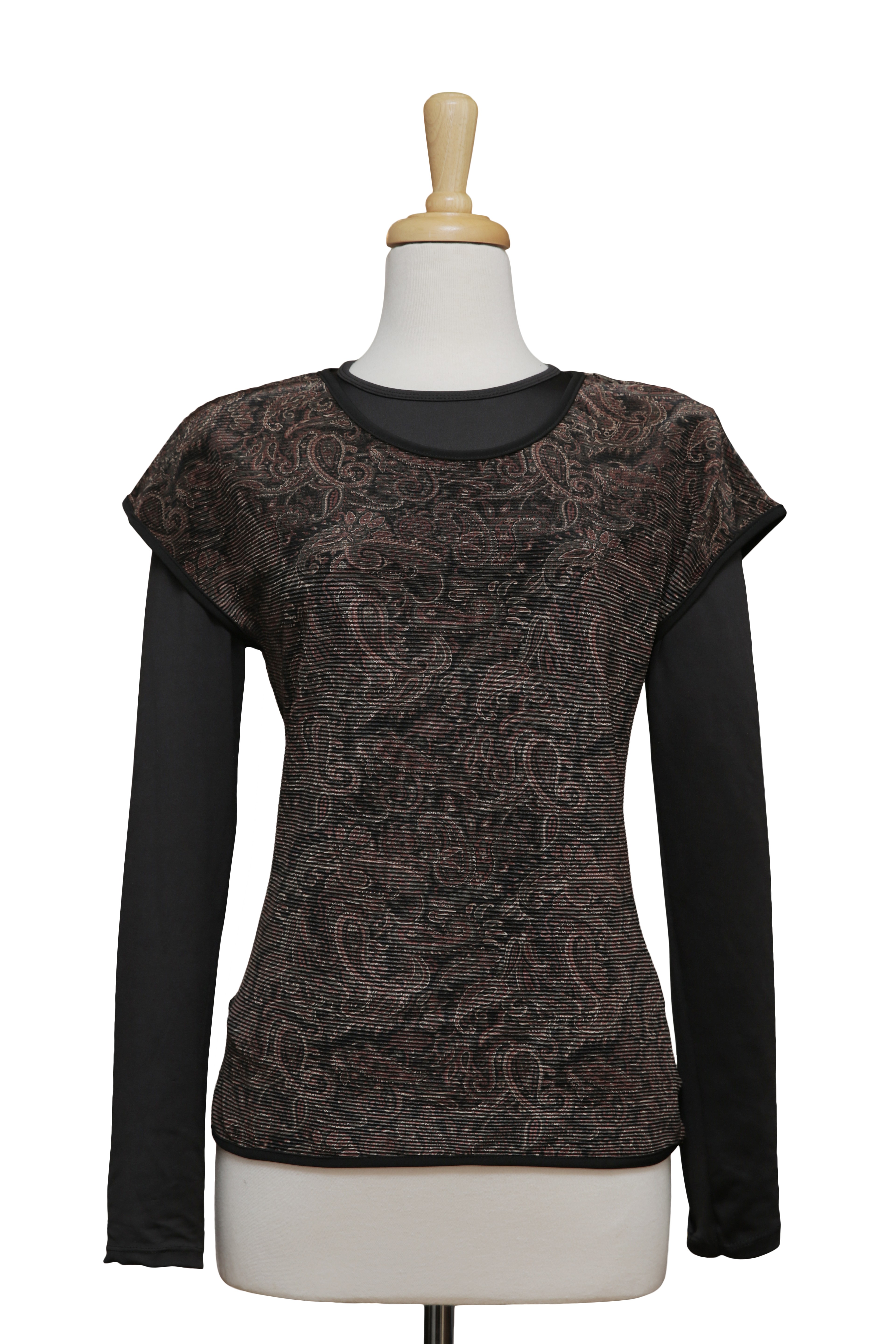 Brown And Black Paisley Crinkle Short Sleeve With Black Long Sleeve Top