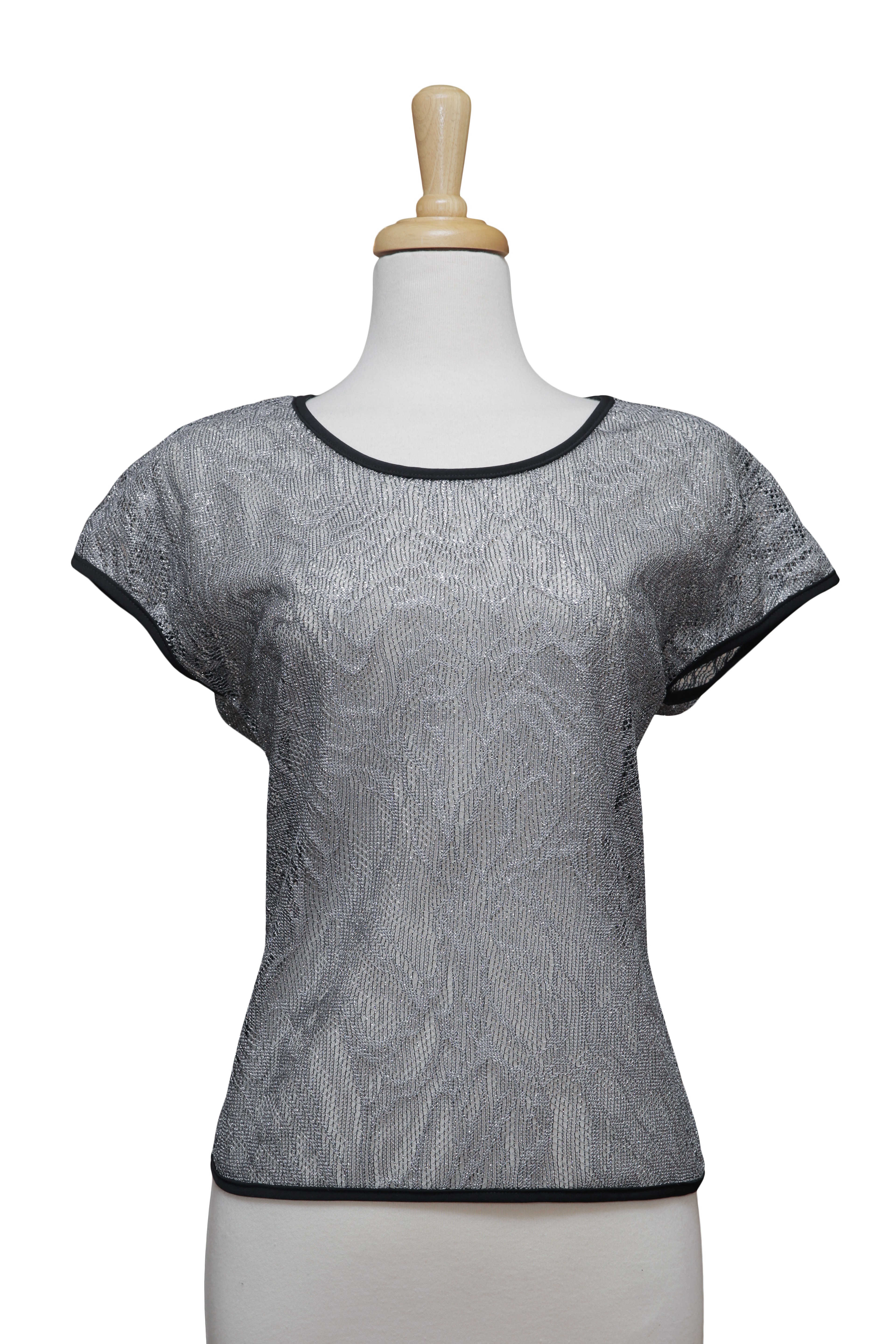 Metallic Silver Lace Knit  Short Sleeve Top