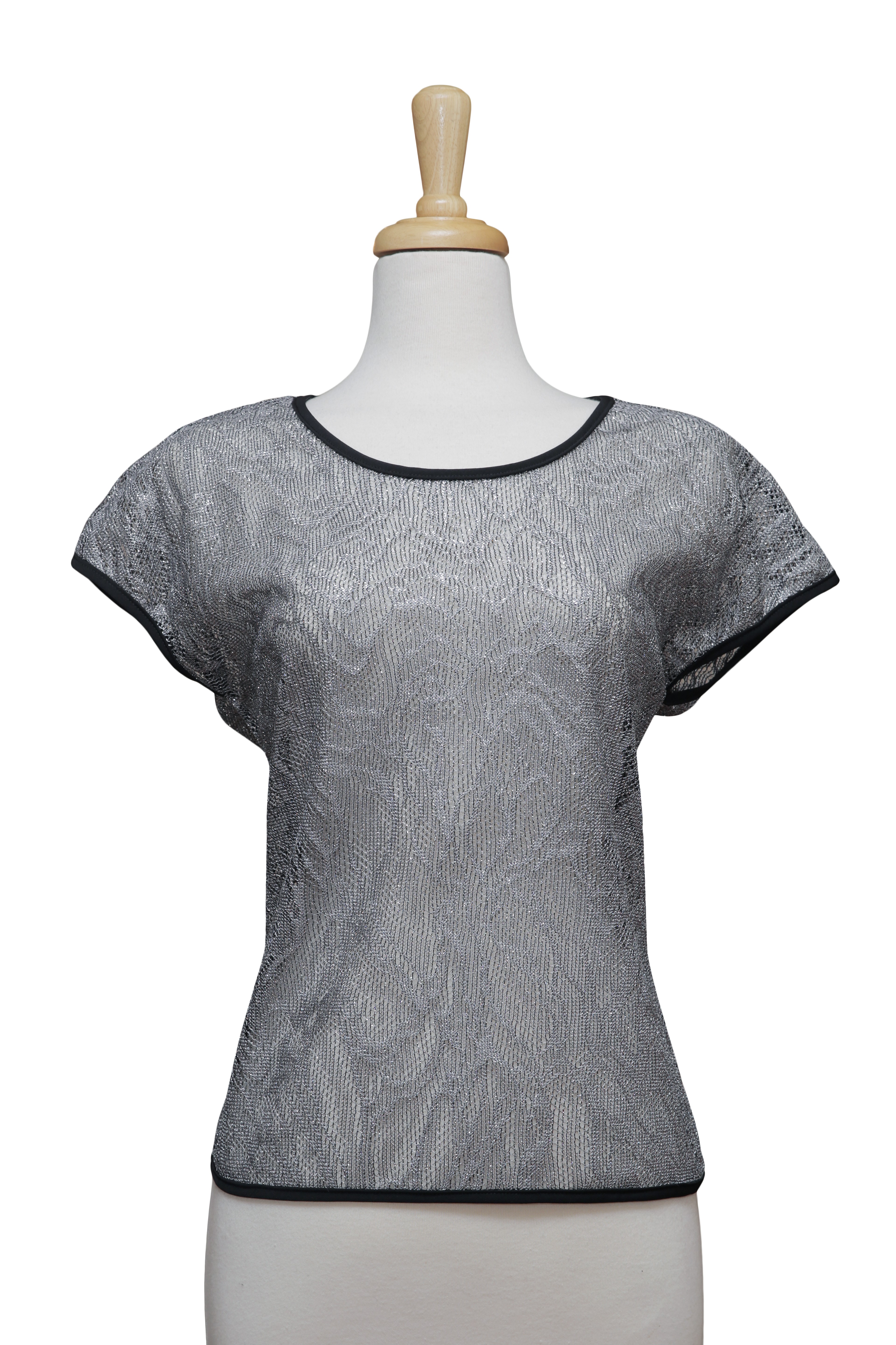 Metallic Silver Lace Knit Short Sleeve Top