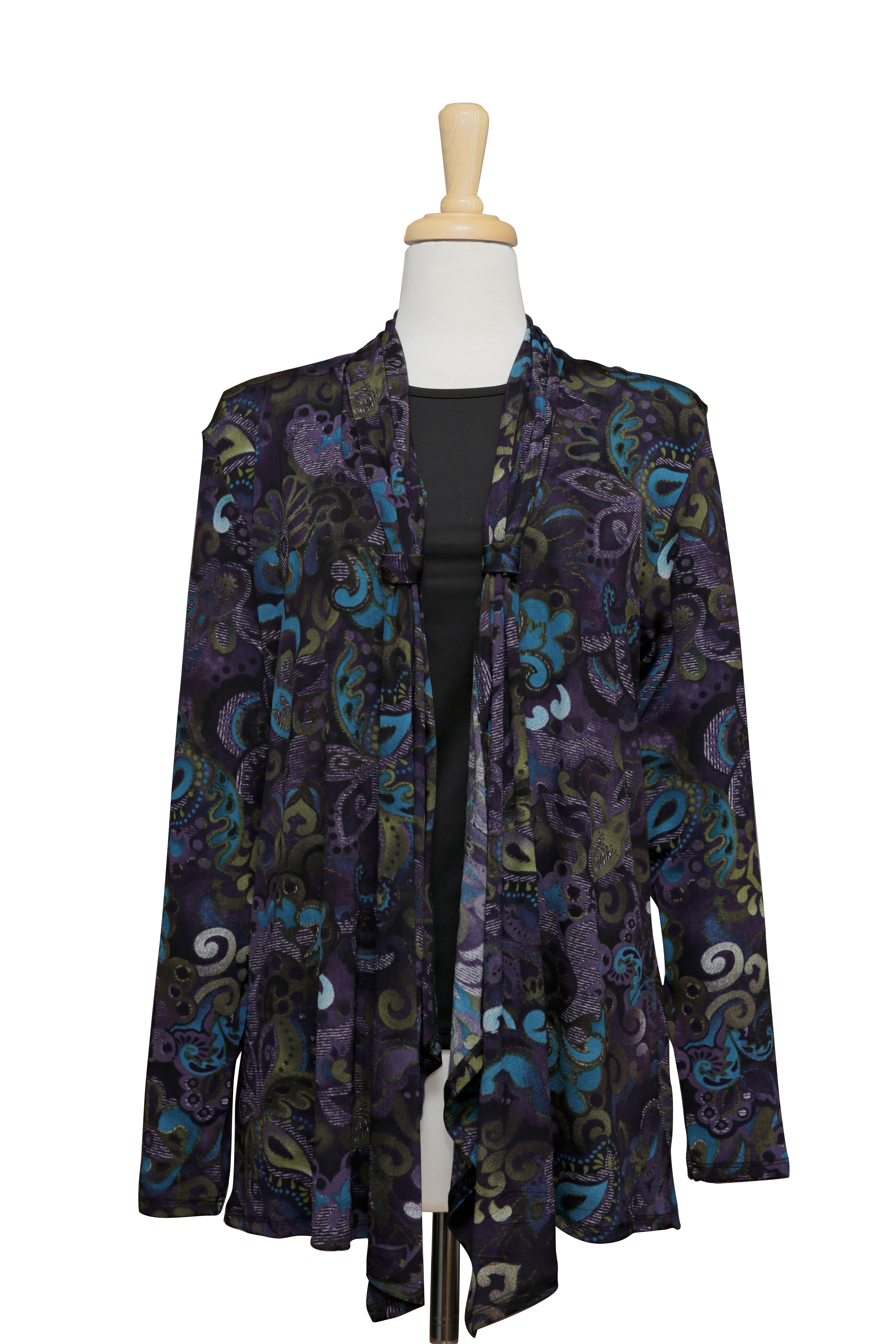 Plus Size Two Piece Shades of Purple And Blue Paisley Slinky Shawl Collar Set