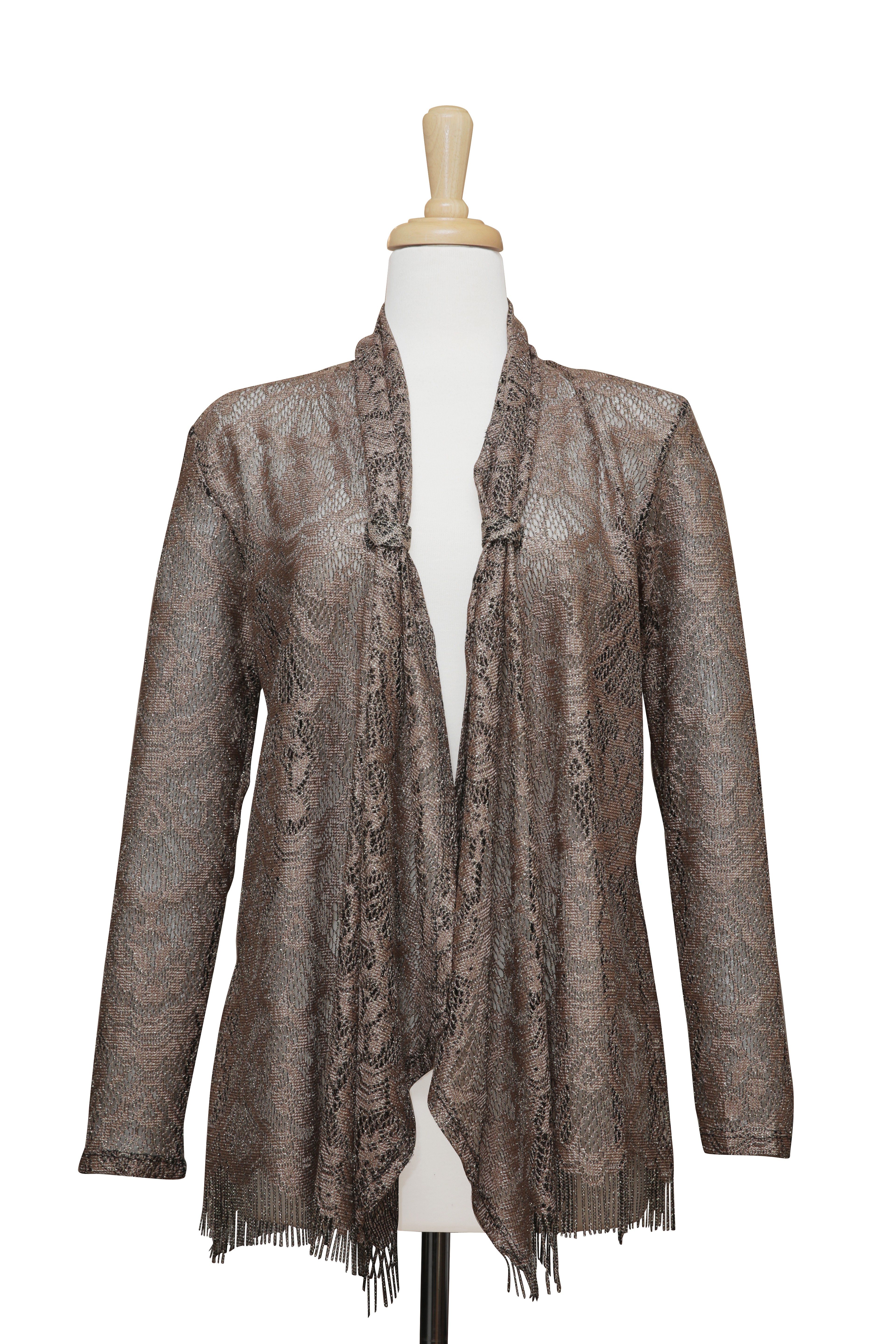 Metallic Bronze Lace Knit Shawl Collar Jacket