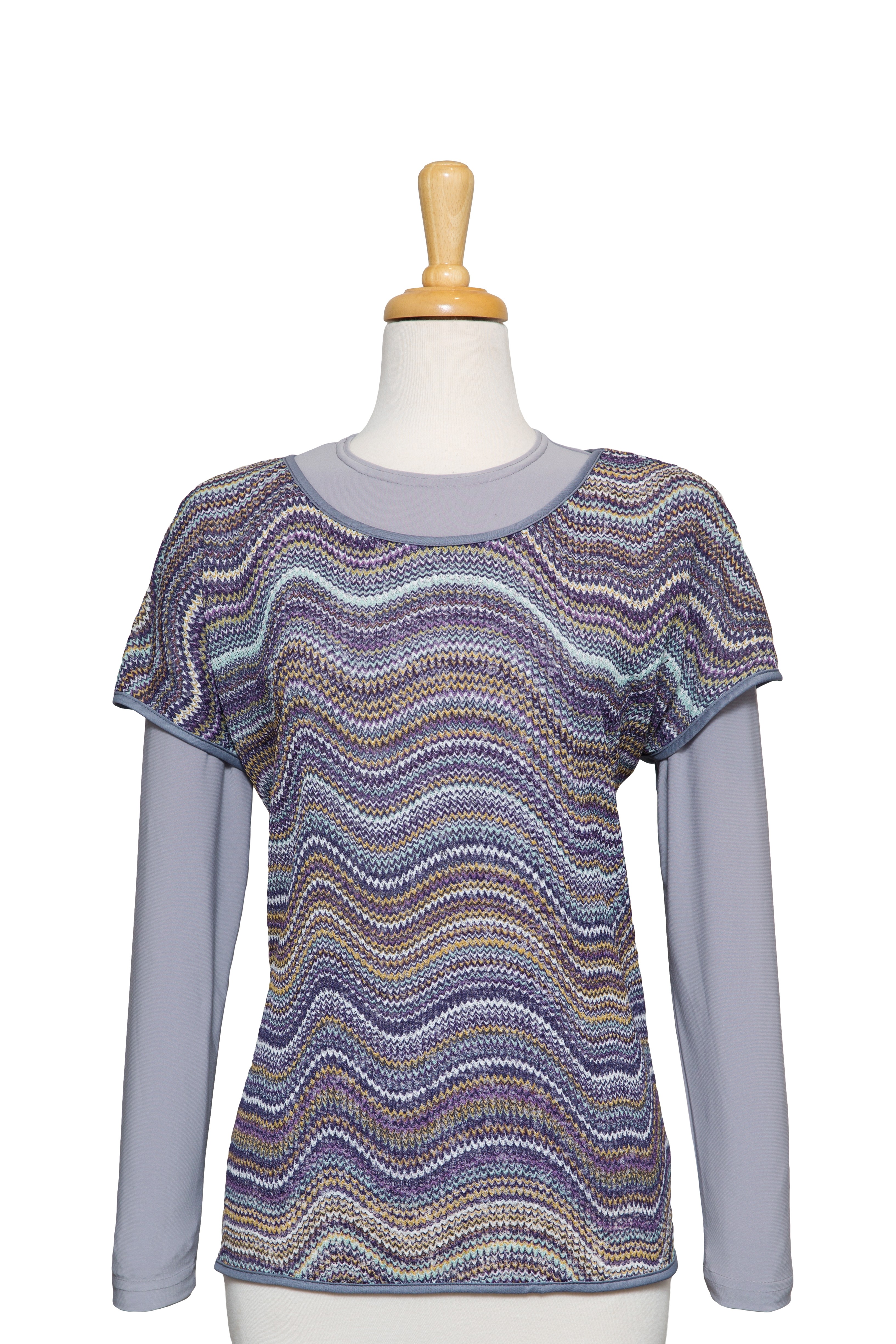 Shades of Grey and Purple Waves Crochet Short Sleeve With Grey Long Sleeve Microfiber Top
