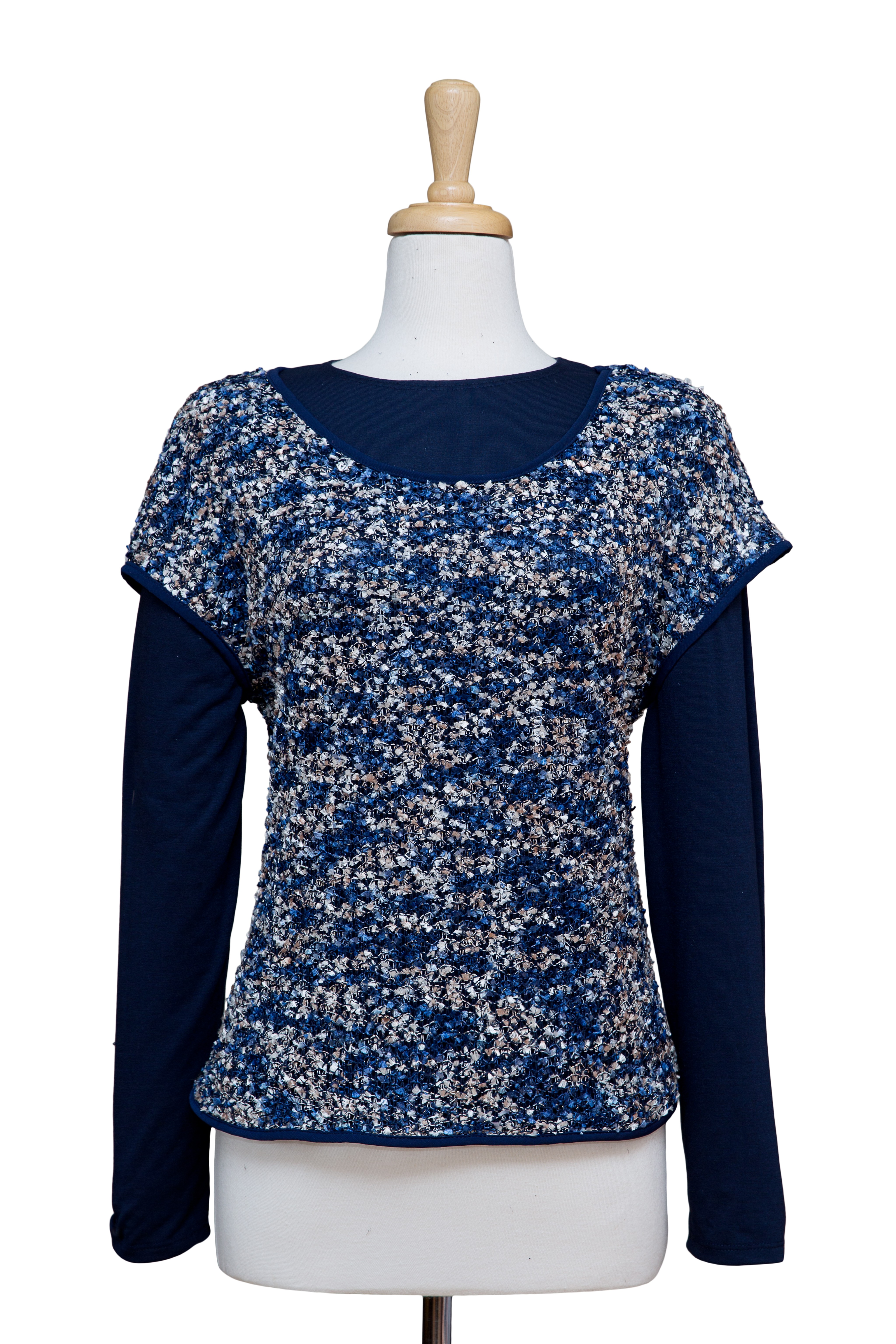 Shades of Blue & Ivory Tweed Knit Short Sleeve Top With Navy Long Sleeve Top