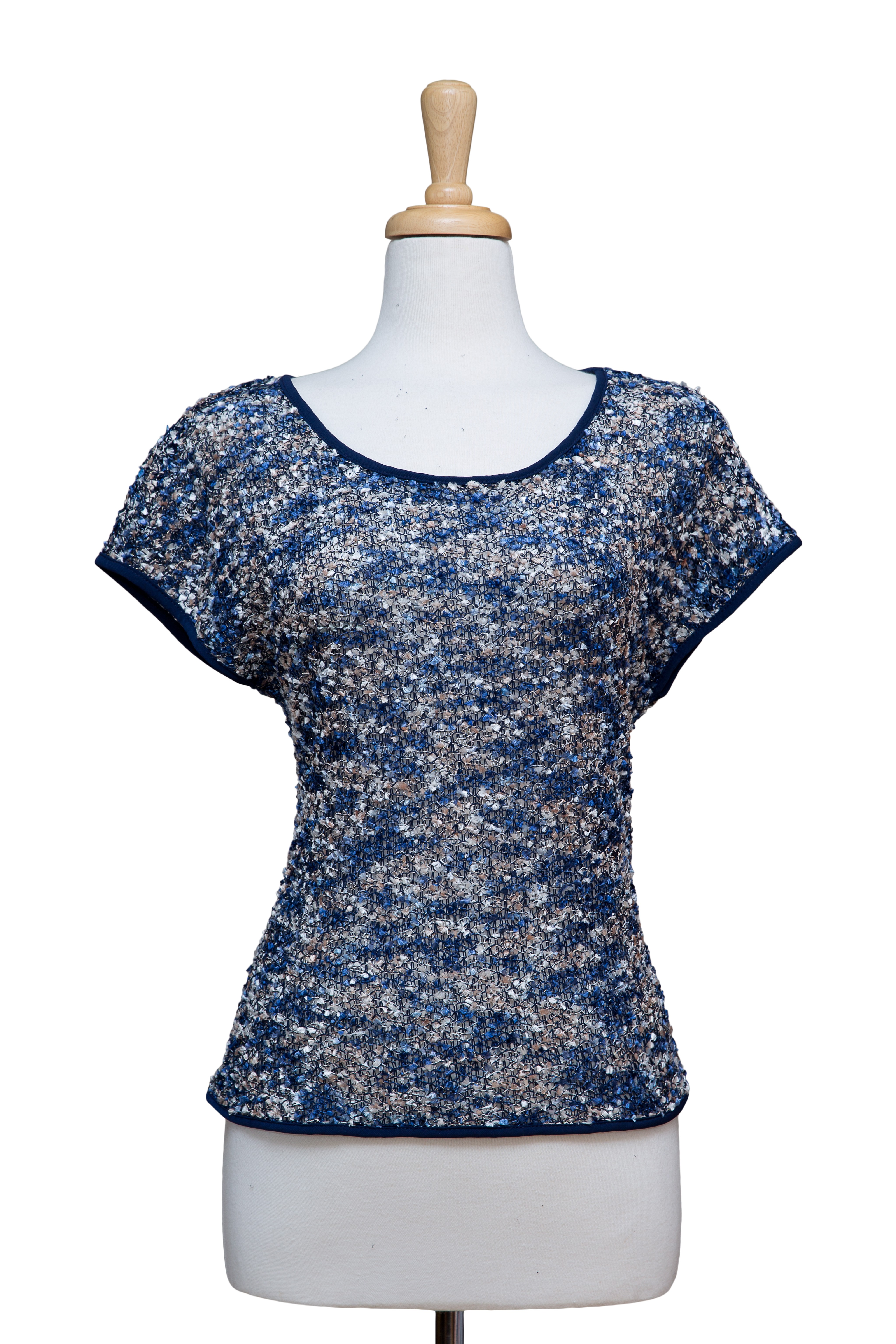 Shades of Blue & Ivory Tweed Knit Short Sleeve Top