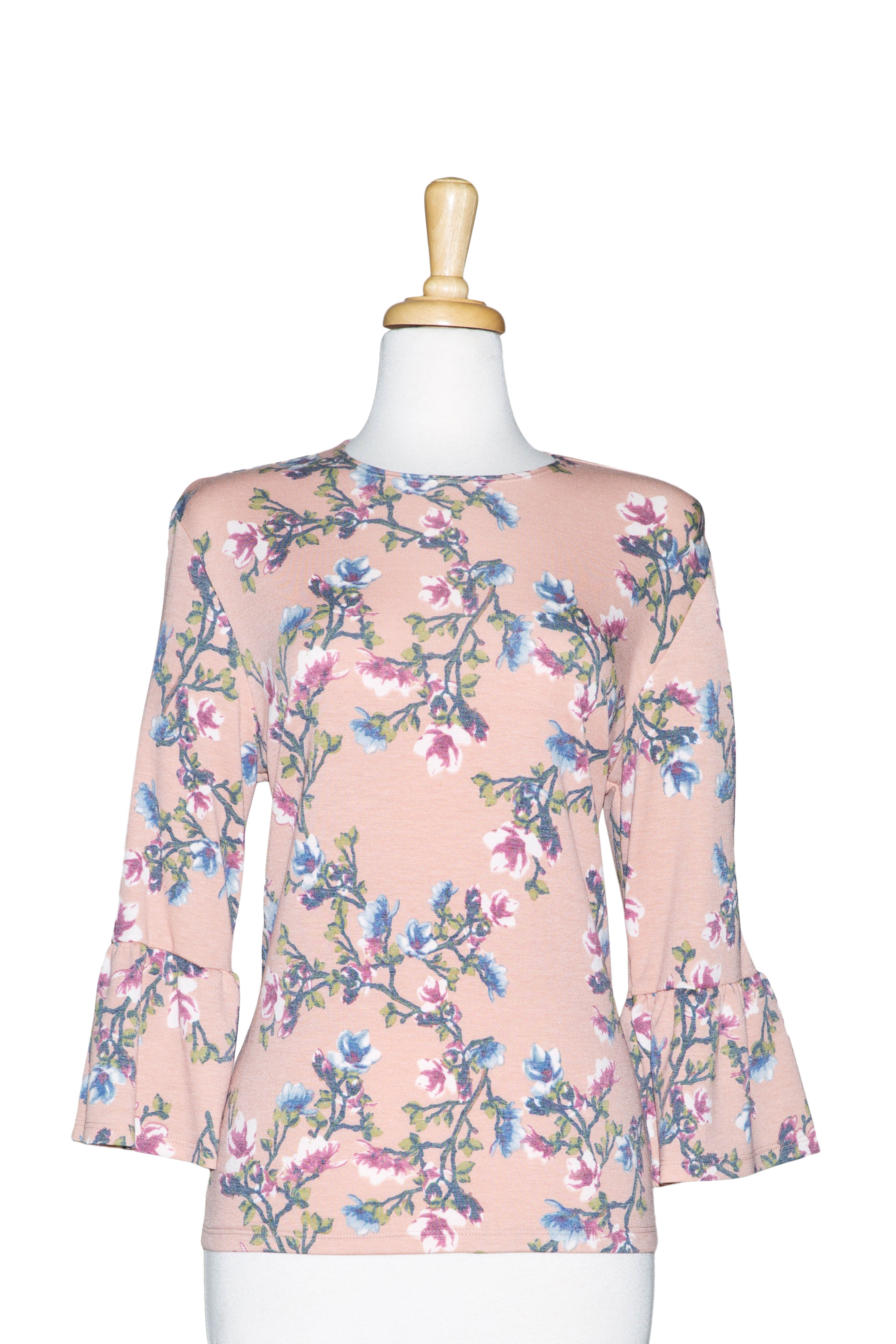 Peach Floral Light Cotton Terry 3/4 Bell Sleeve Top 