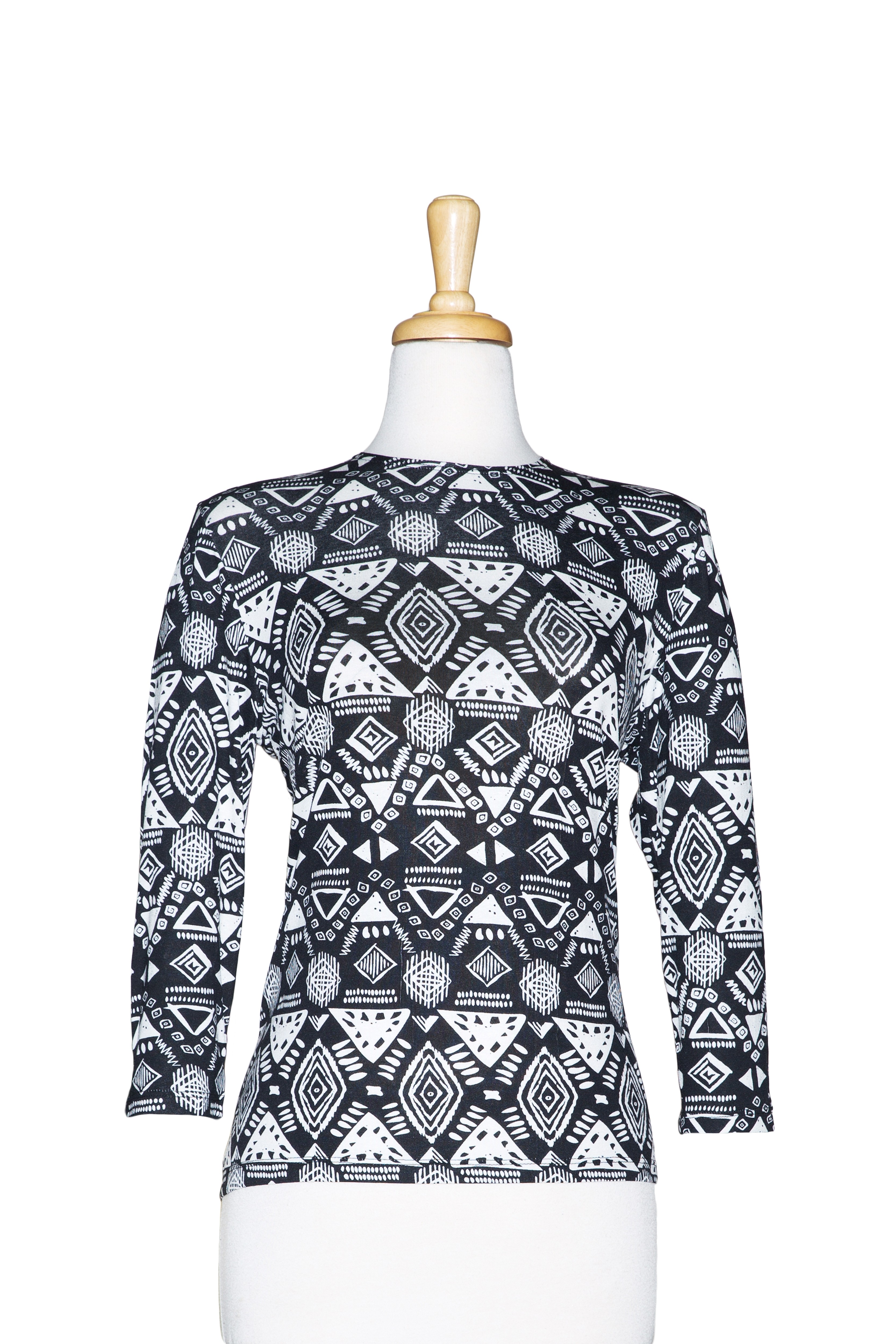 Plus Size Black and Ivory Geometric 3/4 Sleeve  Cotton Top 