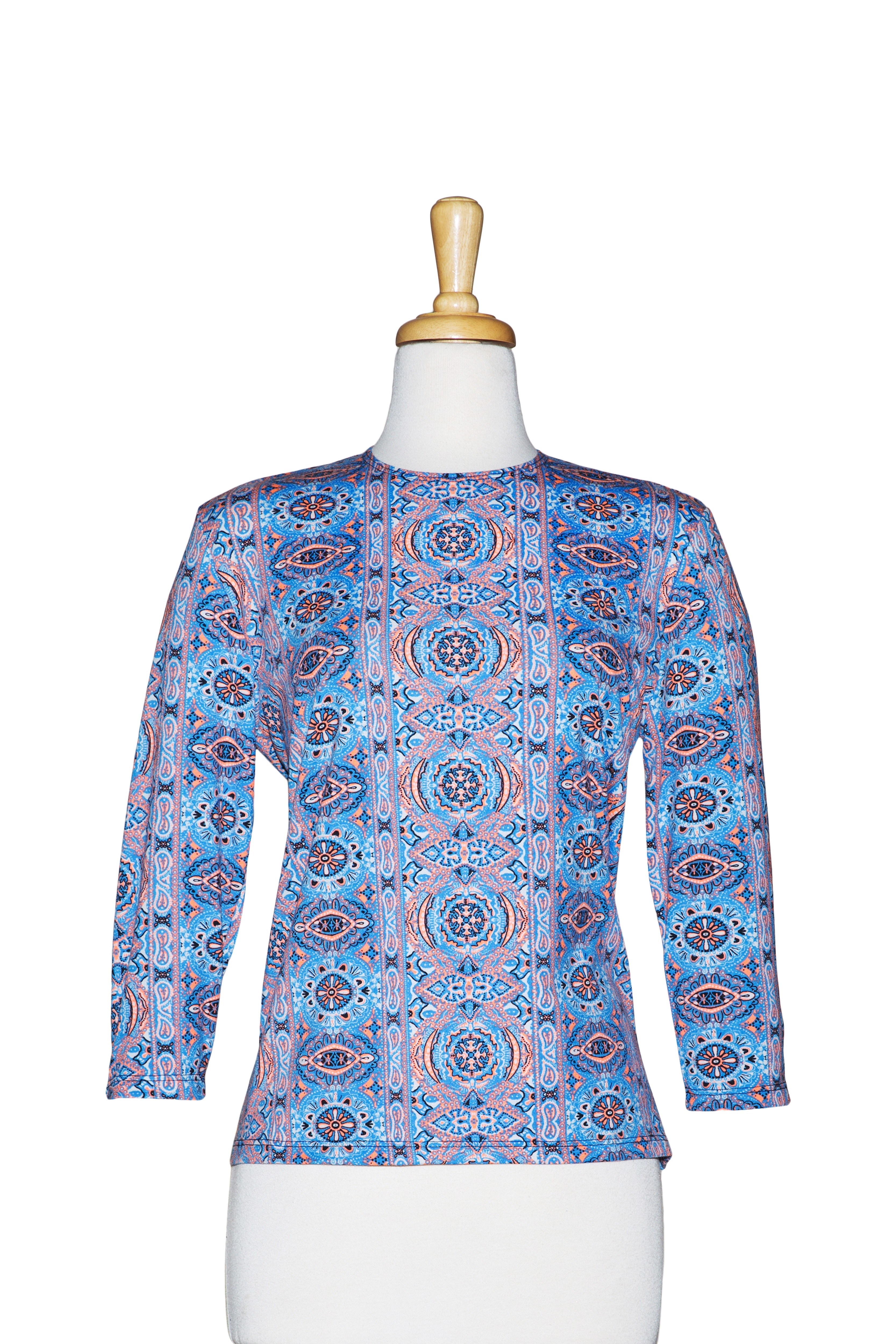 Plus Size Royal Blue And Peach Emblems 3 4 Sleeve Cotton Top