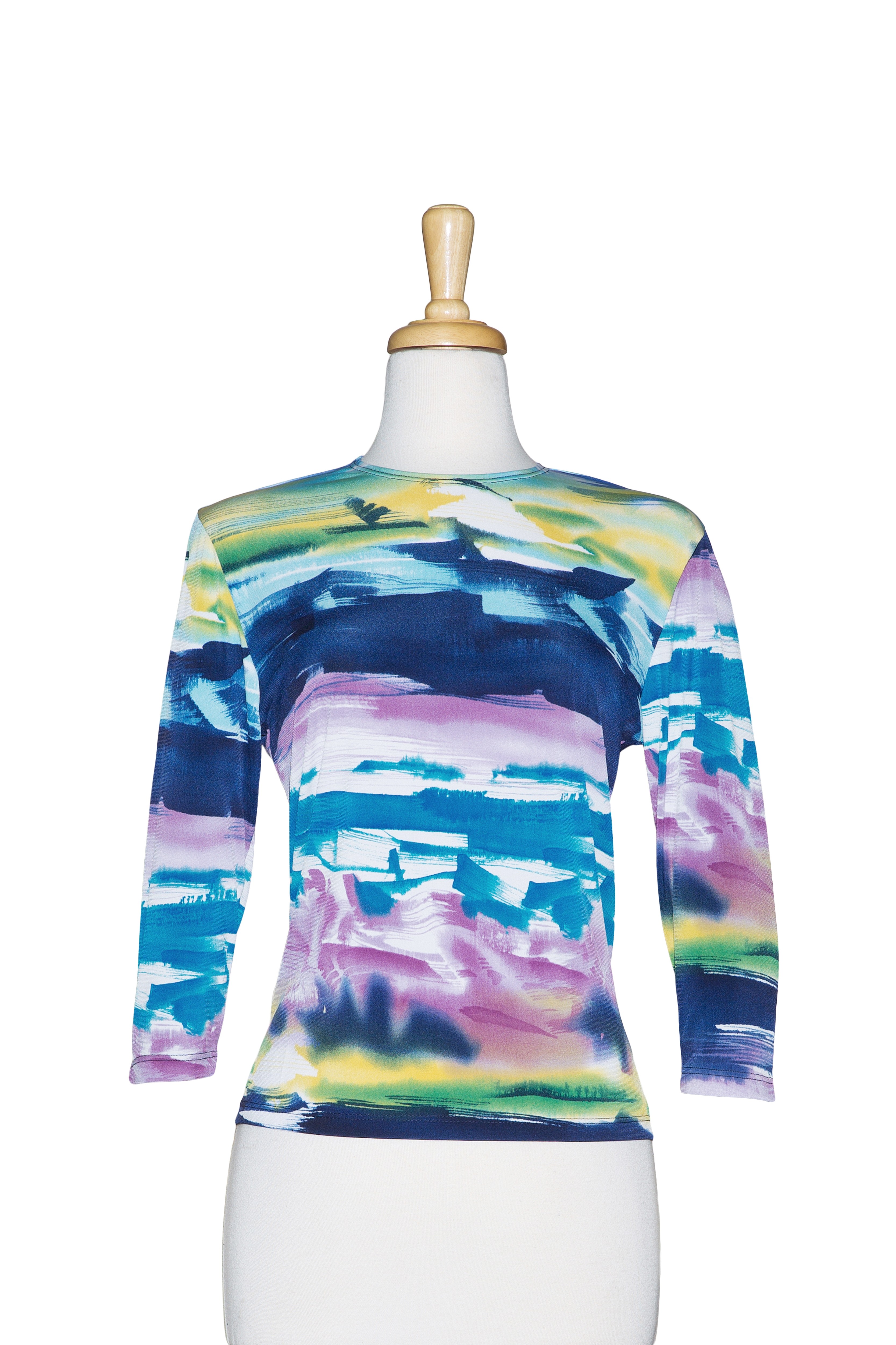 Strokes of Blue, Mauve and Yellow Microfiber 3/4 Sleeve Top 