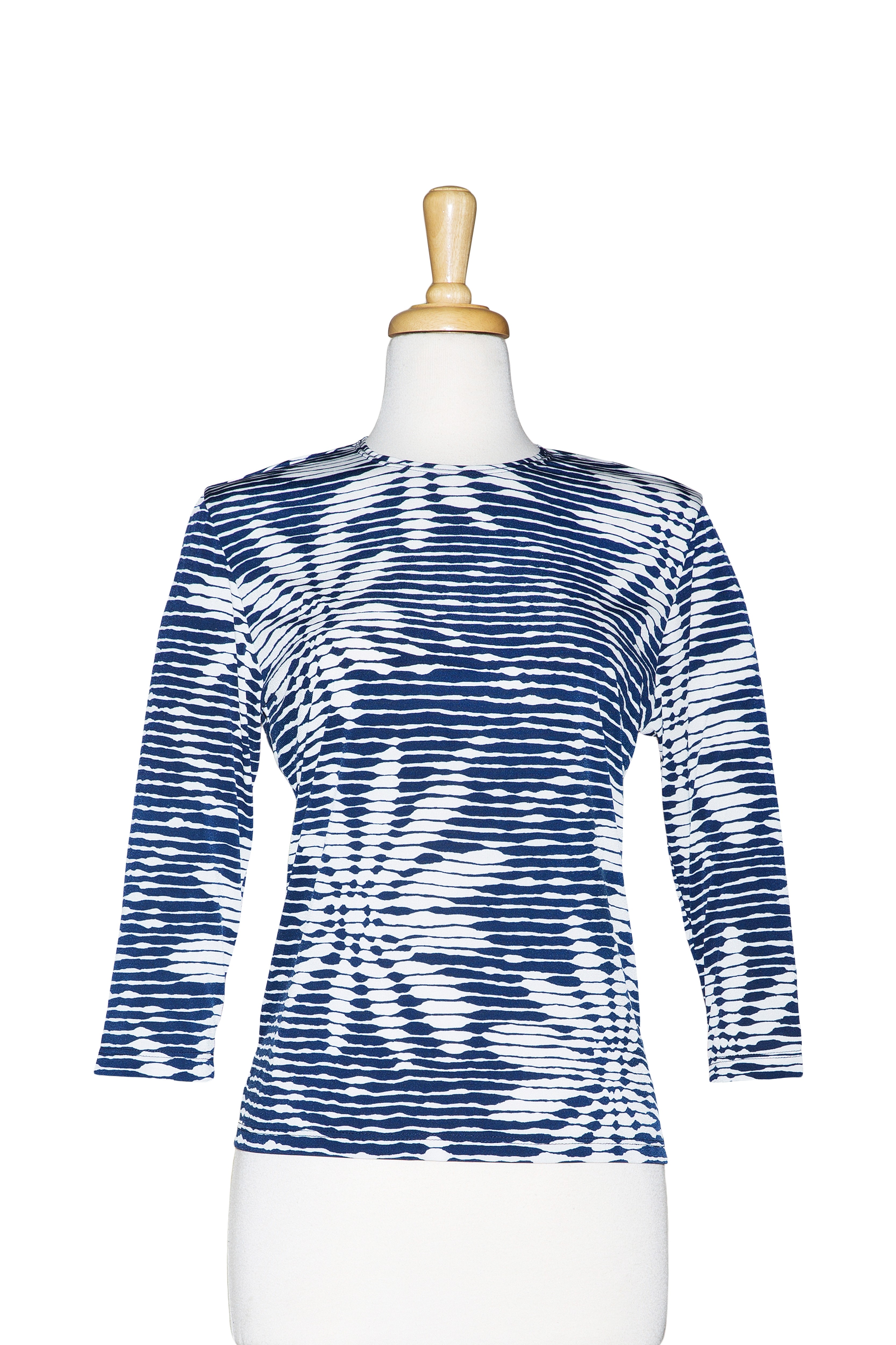 Plus Size Navy and White Stripes and Floral Microfiber 3/4 Sleeve Top 