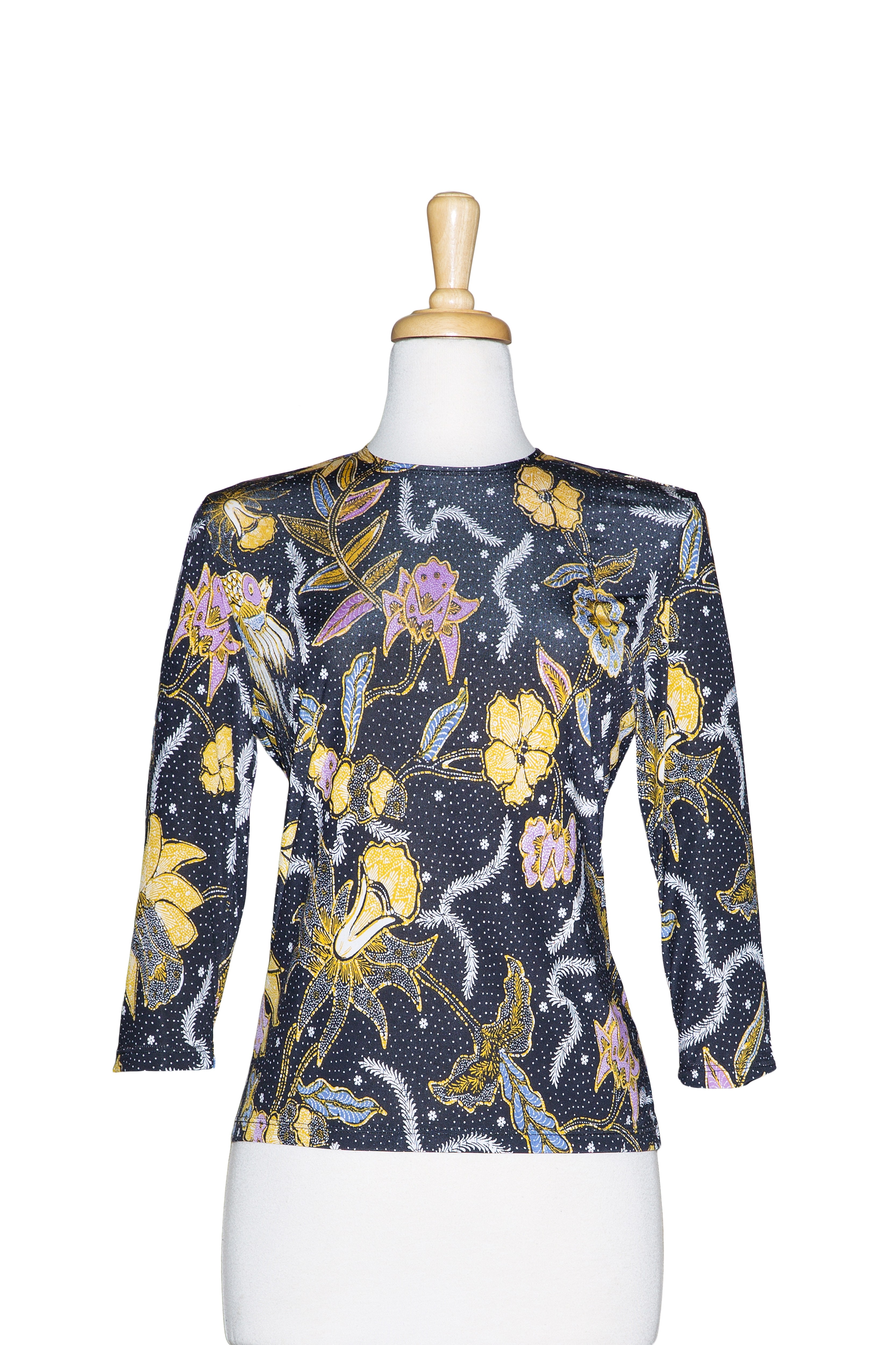 Plus Size Black and White With Pastel Floral Display Microfiber 3/4 Sleeve Top 