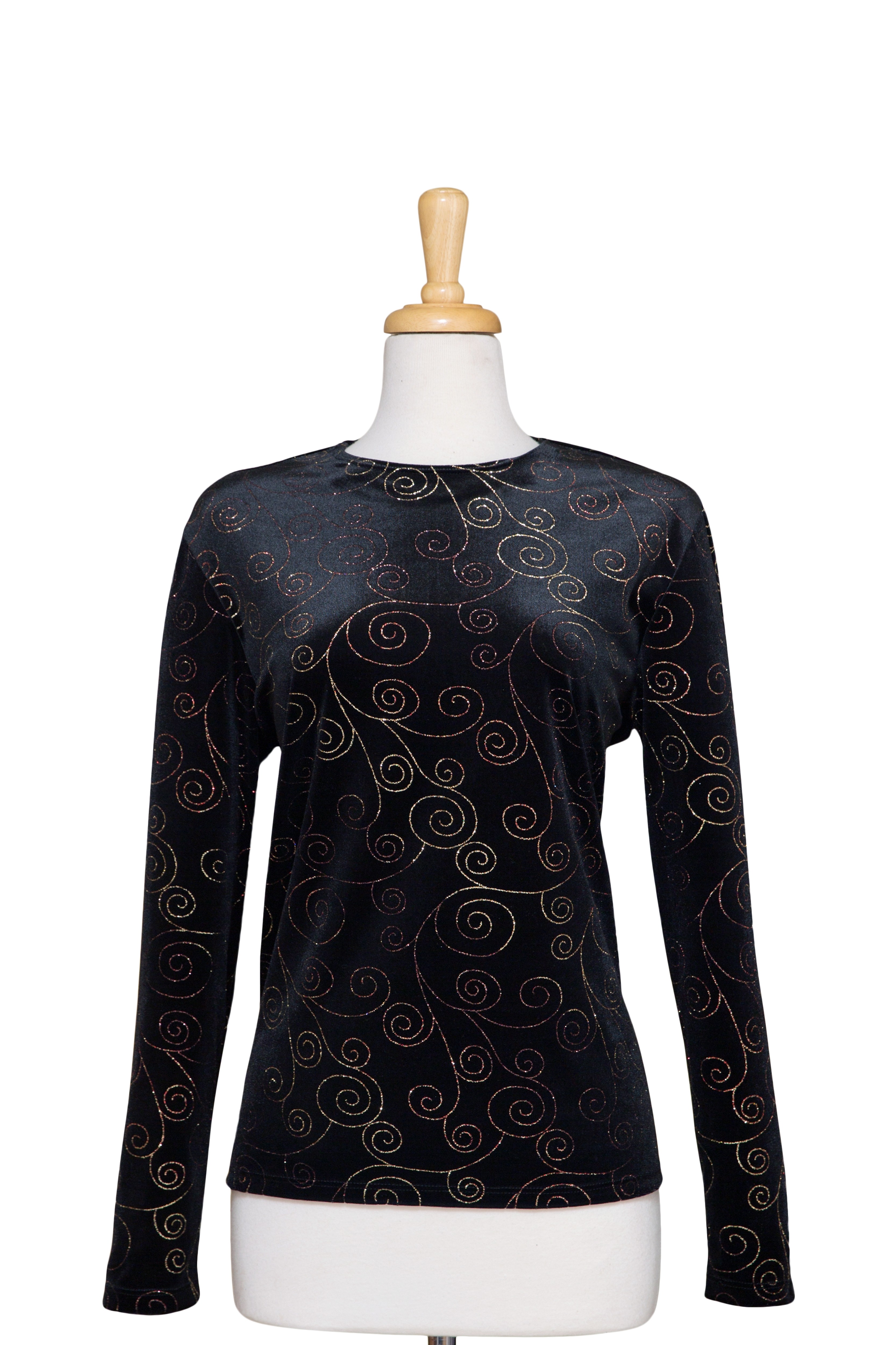  Black Velvet with Gold Metallic Swirl Long Sleeve Top