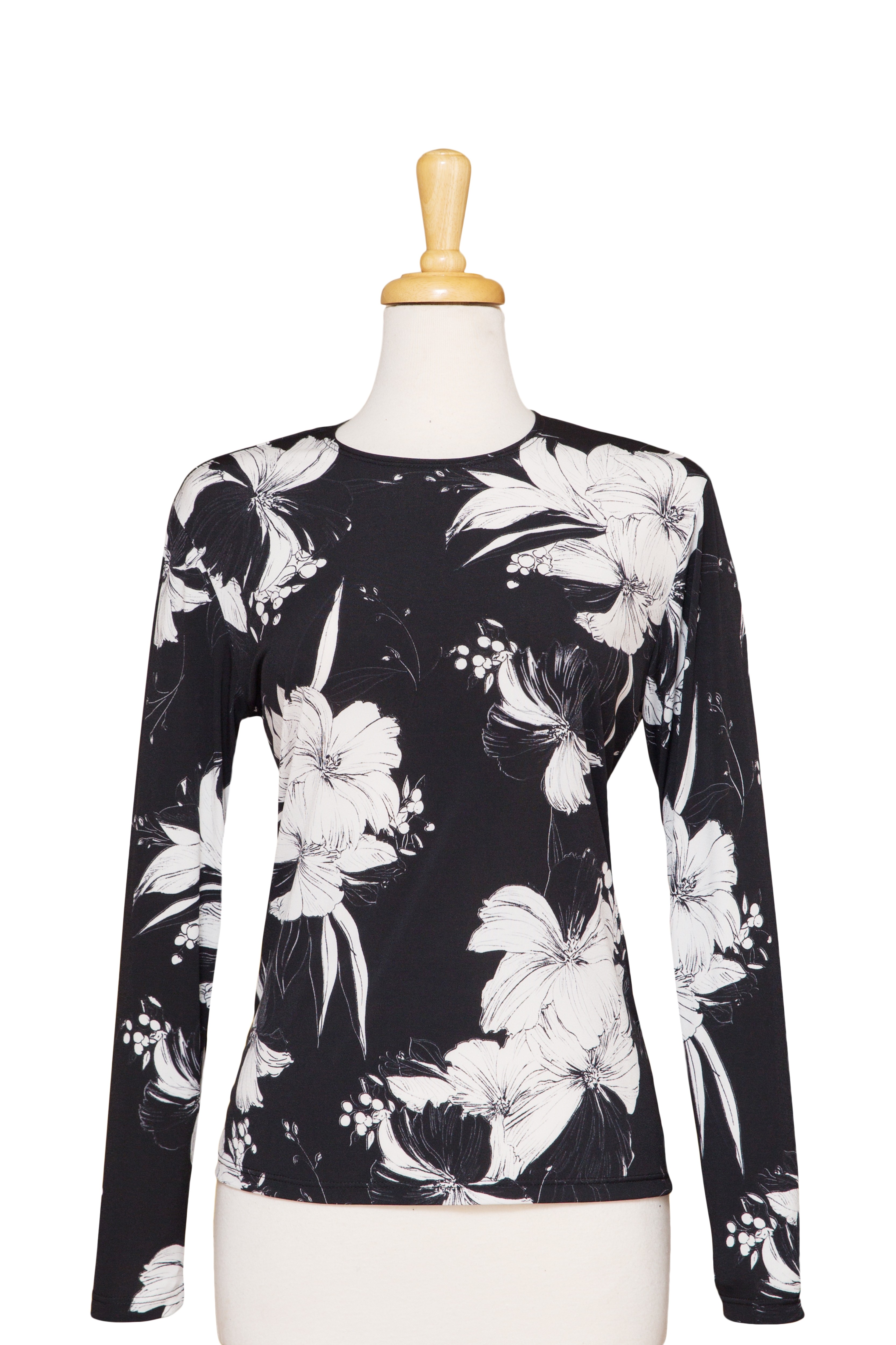 Black And White Floral Long Sleeve Microfiber Sleeve Top - CLEARANCE