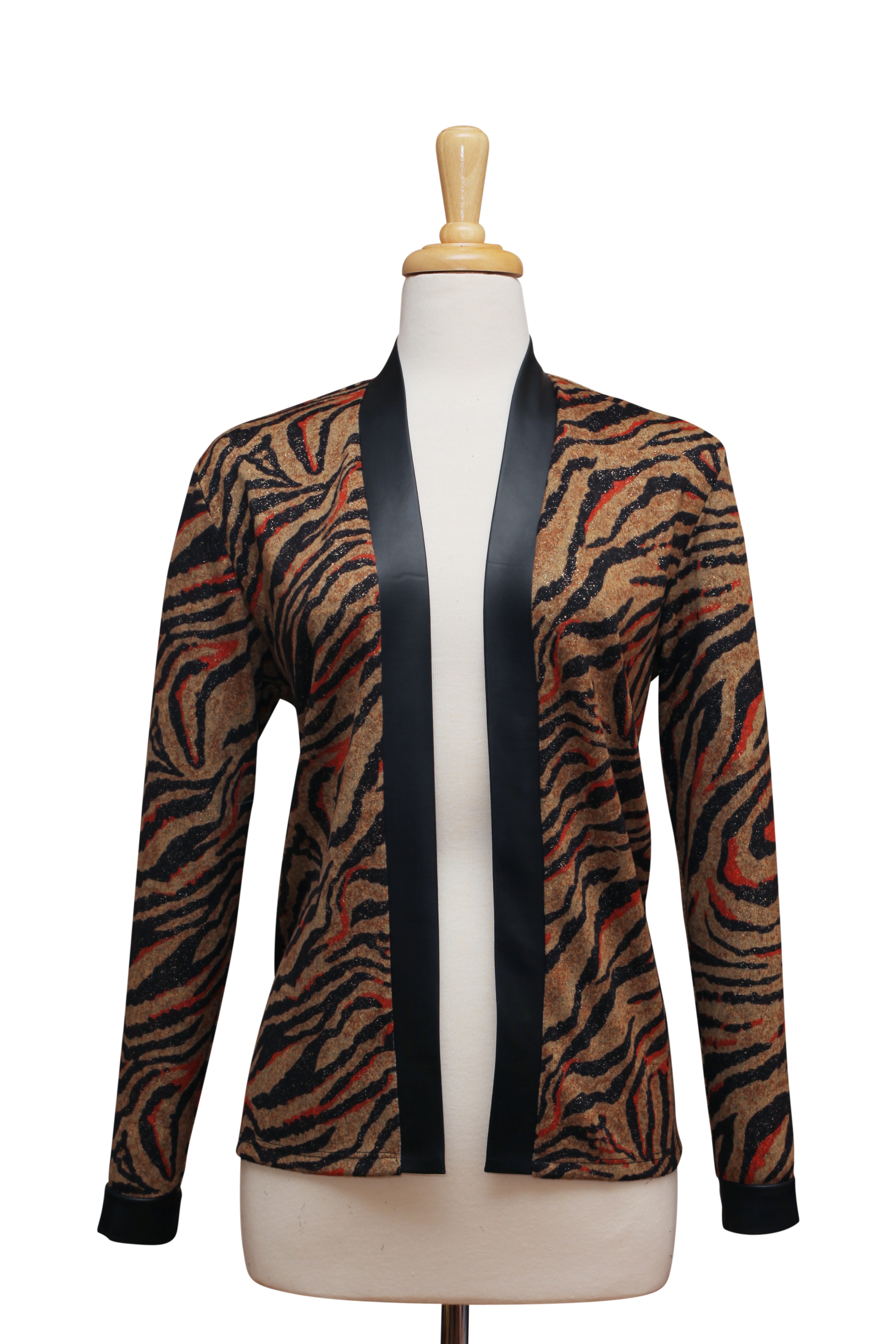  Black and Camel Animal Print Knit Jacket With Leather Trim