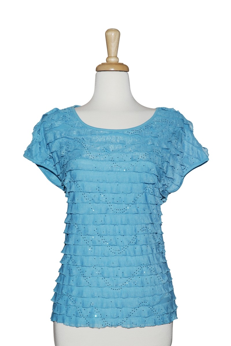 Turquois Sequins Ruffled Short Sleeve Top