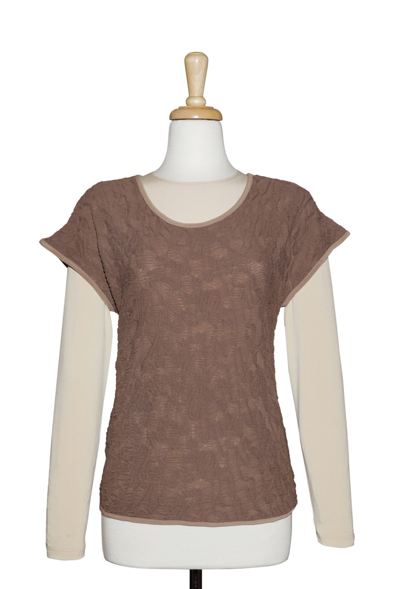 Plus Size Mocha Crinkled Pattern Short Sleeve with Beige Long Sleeve Top