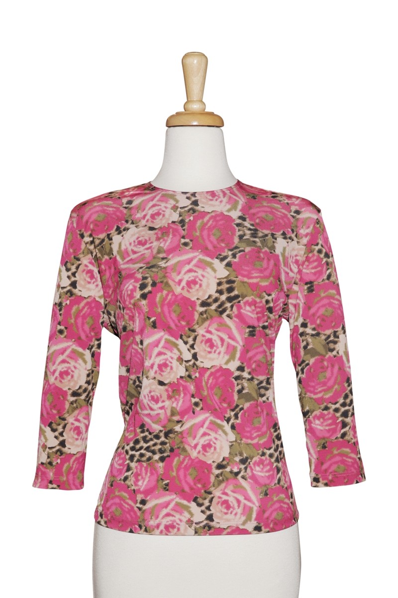 Plus Size Pink & Taupe Floral Microfiber 3/4 Sleeve Top 
