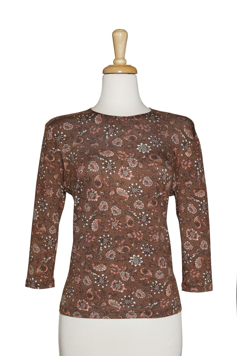 Plus Size Brown & Peach Floral Cotton 3/4 Sleeve Top