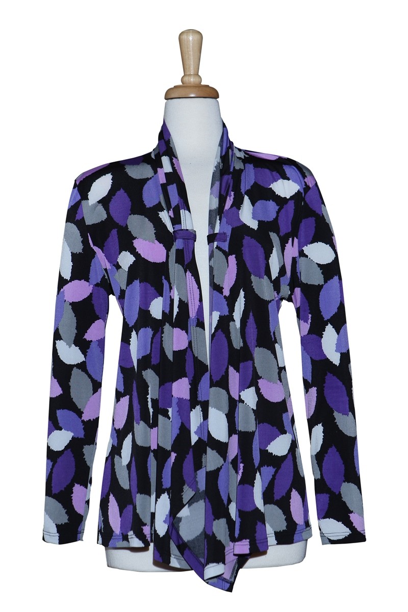 Black, Purple & Grey Leaves Shawl Collar Microfiber Jacket