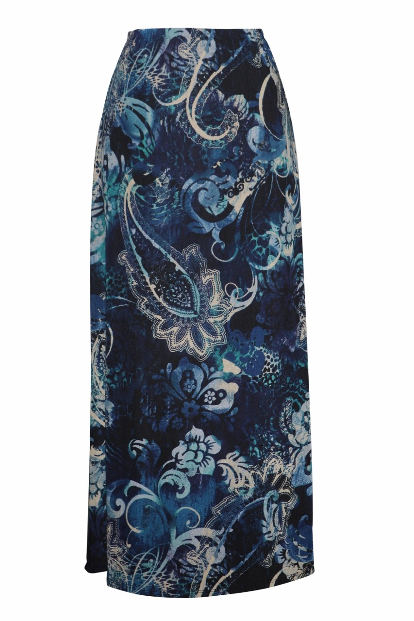 Paisley Floral Shades Of Blue Slinky Skirt 
