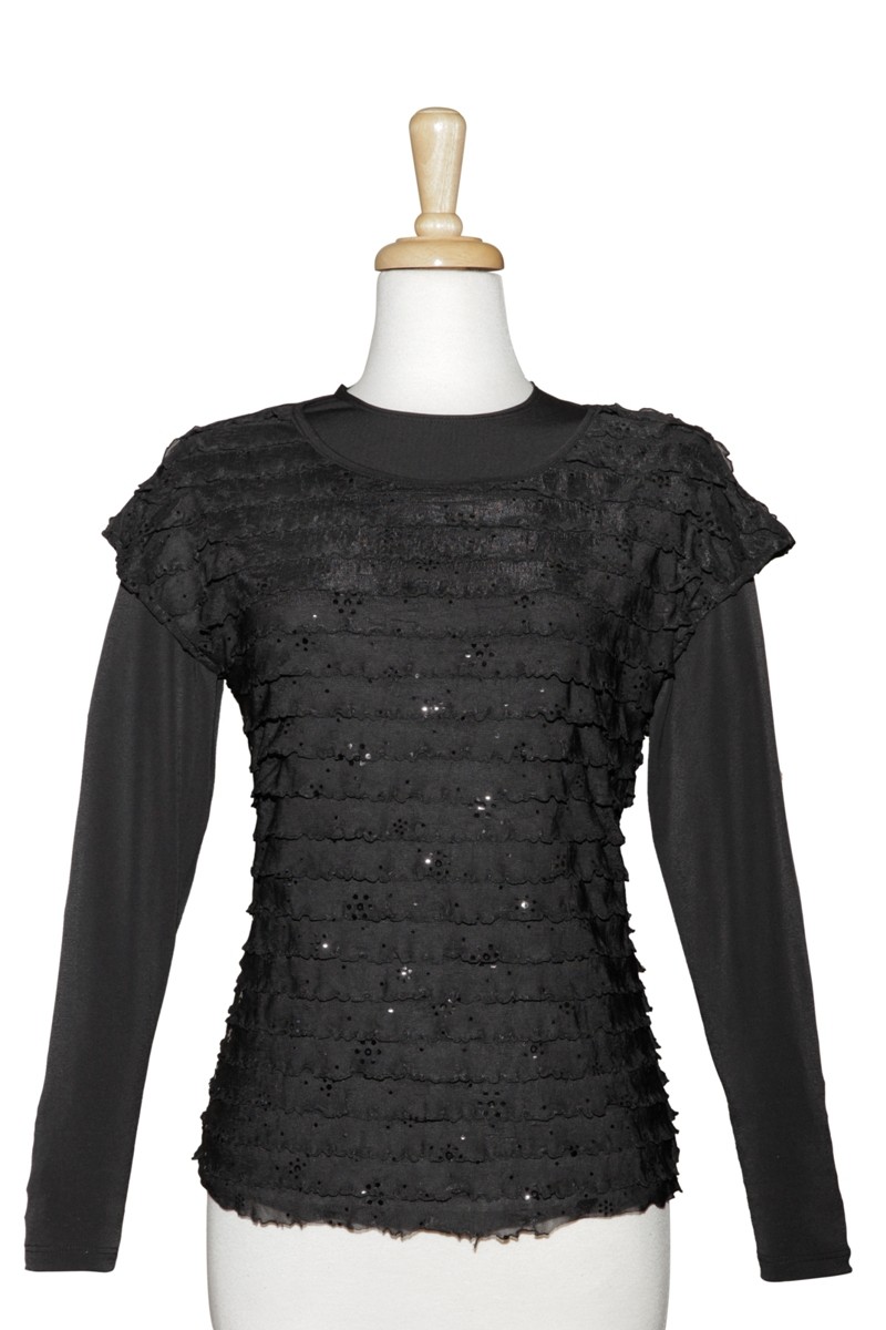 Plus Size Black Sequins Ruffled Short Sleeve With Long Sleeve Microfiber Top