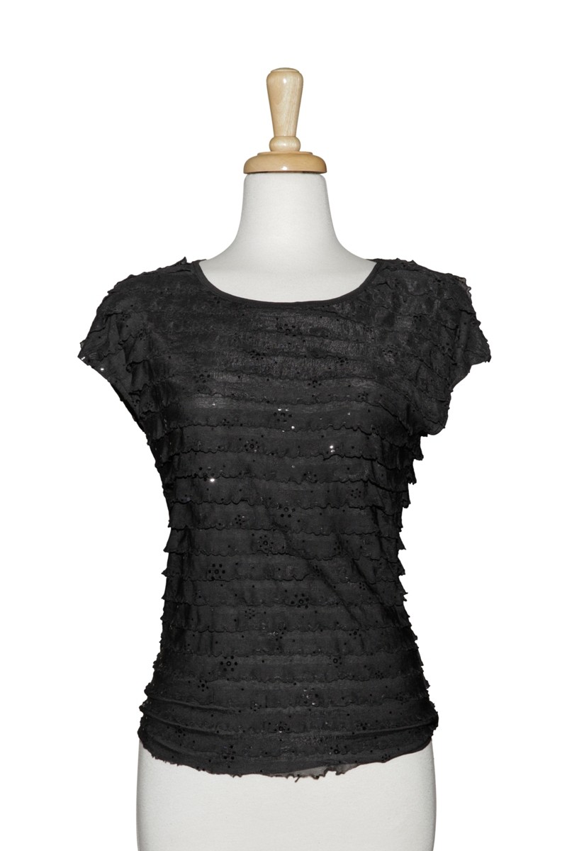 Plus Size Black Sequins Ruffled Short Sleeve Top - Plus Size Sets