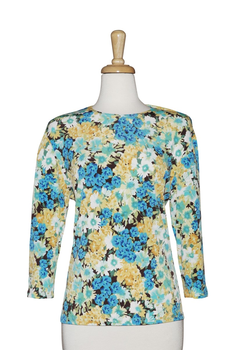 Blue & Yellow Floral Microfiber 3/4 Sleeve Top 