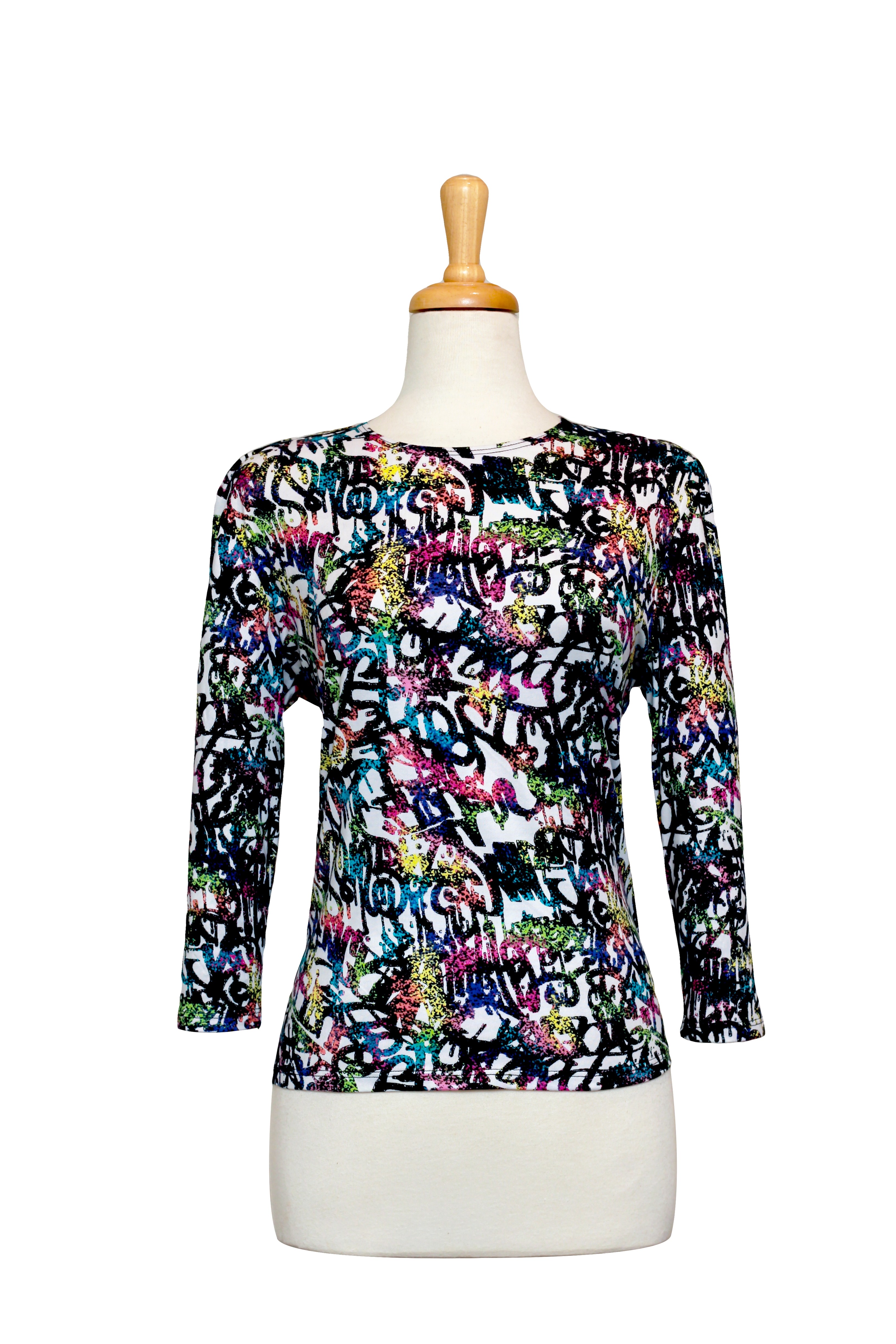 Black and White With Multi Color Graffiti Cotton 3/4 Sleeve Top 