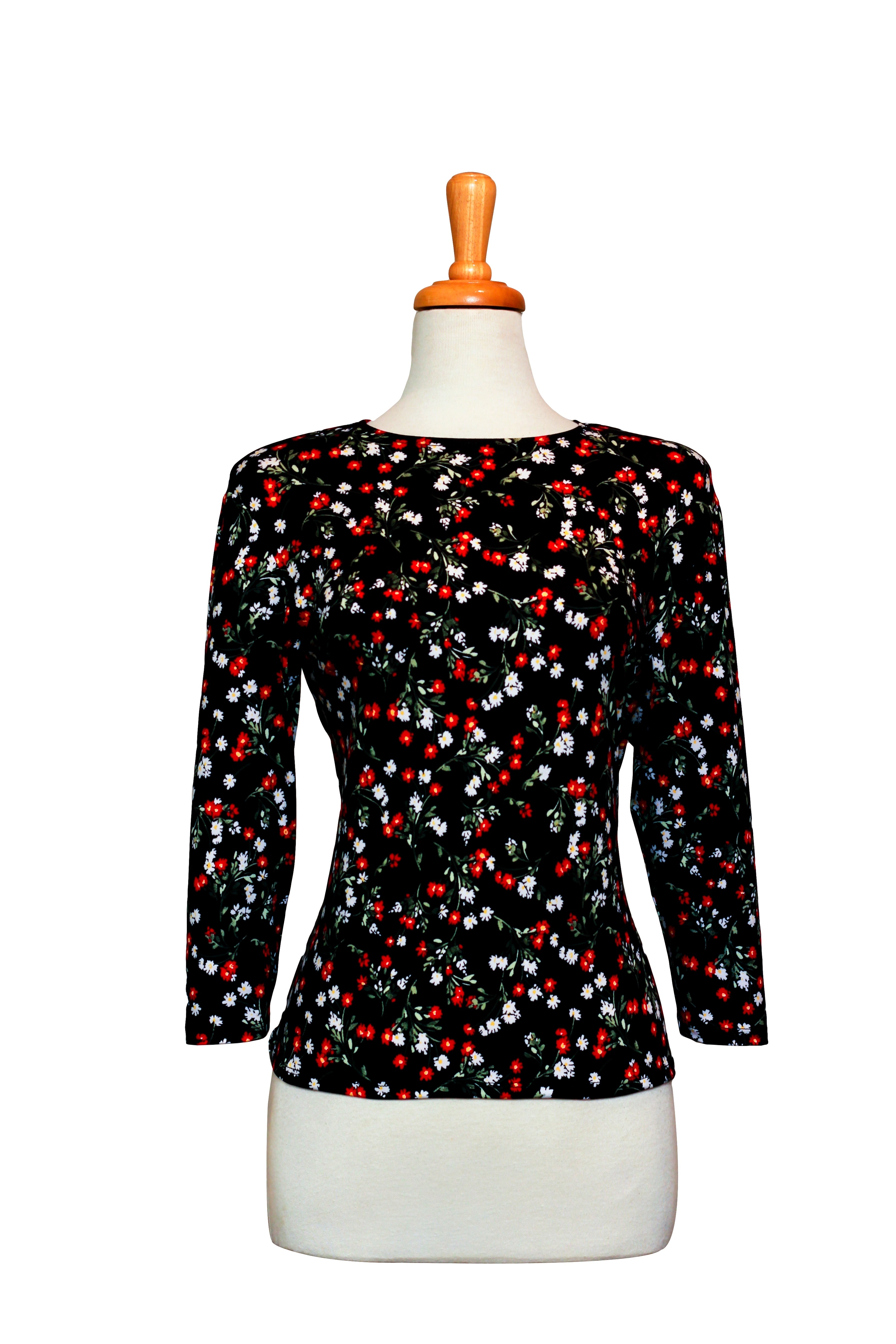 Black Red and White Mini Floral Cotton 3/4 Sleeve Top 