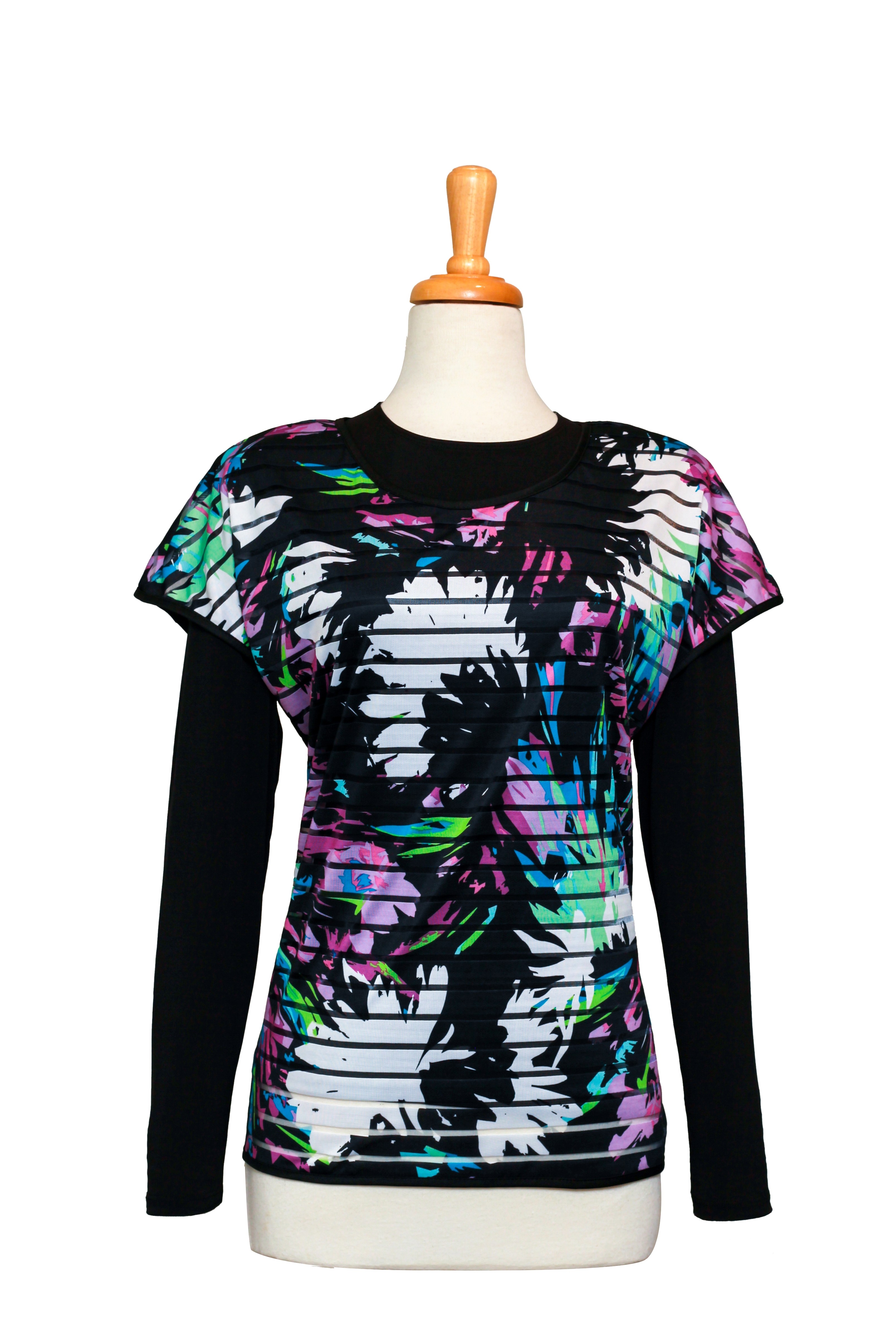 Plus Size Multi Color Tropical Short Sleeve With Black Long Sleeve Microfiber Top