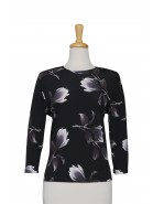 Plus Size Black, Grey and White Floral Microfiber 3/4 Sleeve Top 