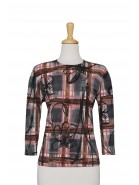 Plus Size Black, Brown, Coral Plaid and Floral Abstract Microfiber 3/4 Sleeve Top 