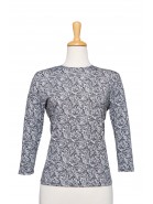 Plus Size White, Black and Grey Abstract Floral Microfiber 3/4 Sleeve Top 