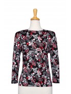Plus Size Black, Red and White Paisley Textured Print Microfiber 3/4 Sleeve Top 