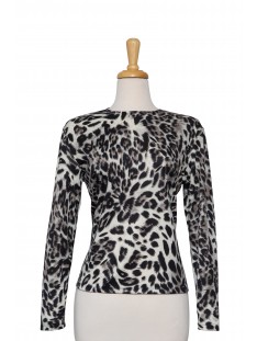 Black and Grey Leopard Print Long Sleeve Ponte Knit Top