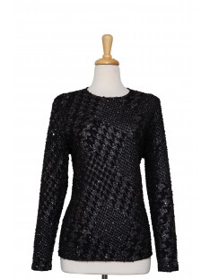 Black and Silver Metallic with Dispersed Sequins Boucle Knit Long Sleeve  Top