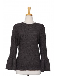 Grey Boucle Knit With Dispersed Sequins Bell Sleeve Top