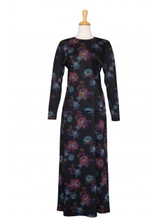 2 Pc. Black, Crimson and Shades of Blue Floral Ponte Knit Long Sleeve Top With Long Skirt