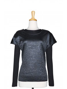 Black Quilted Front, Solid Black Ponte Knit Back, Short Sleeve With Black Long Sleeve Microfiber Top