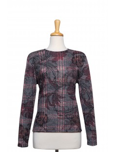 Coral and Black Plaid Floral Long Sleeve Knit Top