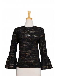 Black and Gold Crinkled Textured Bell Sleeve Top