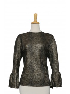 Black and Matte Gold Foil Snakeskin Textured  Bell Sleeve Top