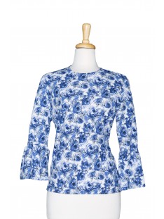 Shades Of Blue and White Floral Textured 3/4 Bell Sleeve Top